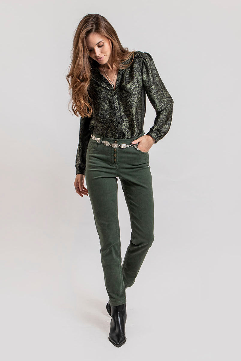 Chemise motif cachemire kaki et noir | Elora