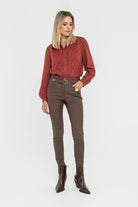 Pantalon slim enduit choco | Elora