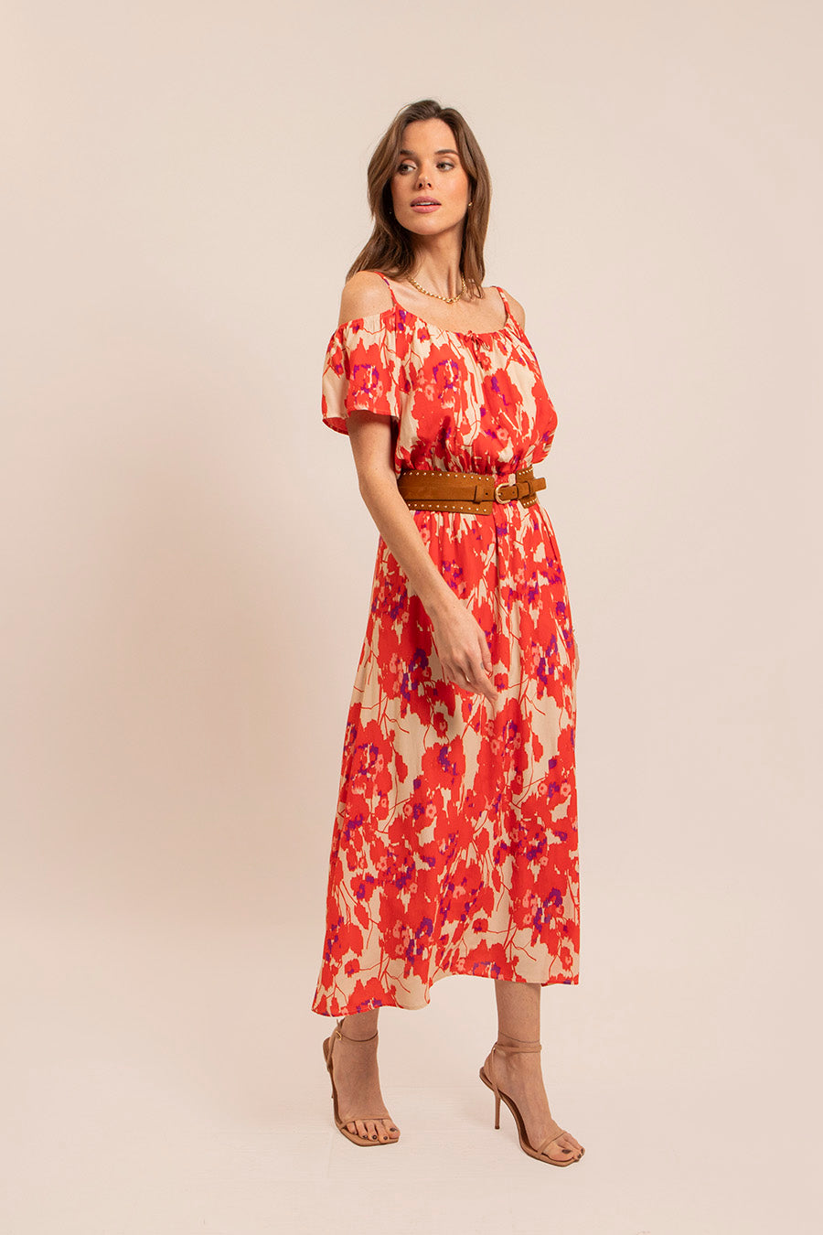 Robe longue fluide rouge et rose | Elora