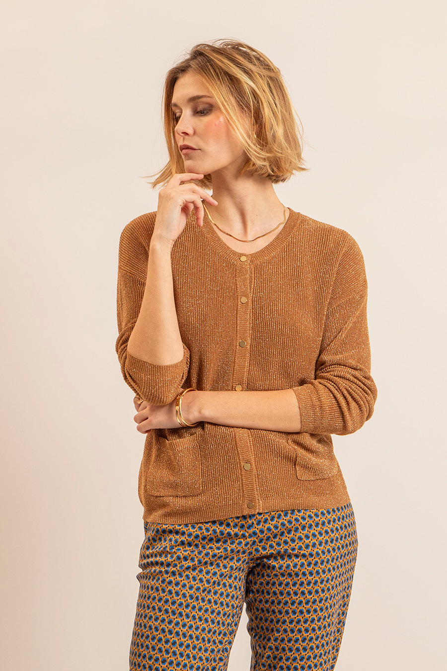 Gilet lurex boutonné caramel | Elora