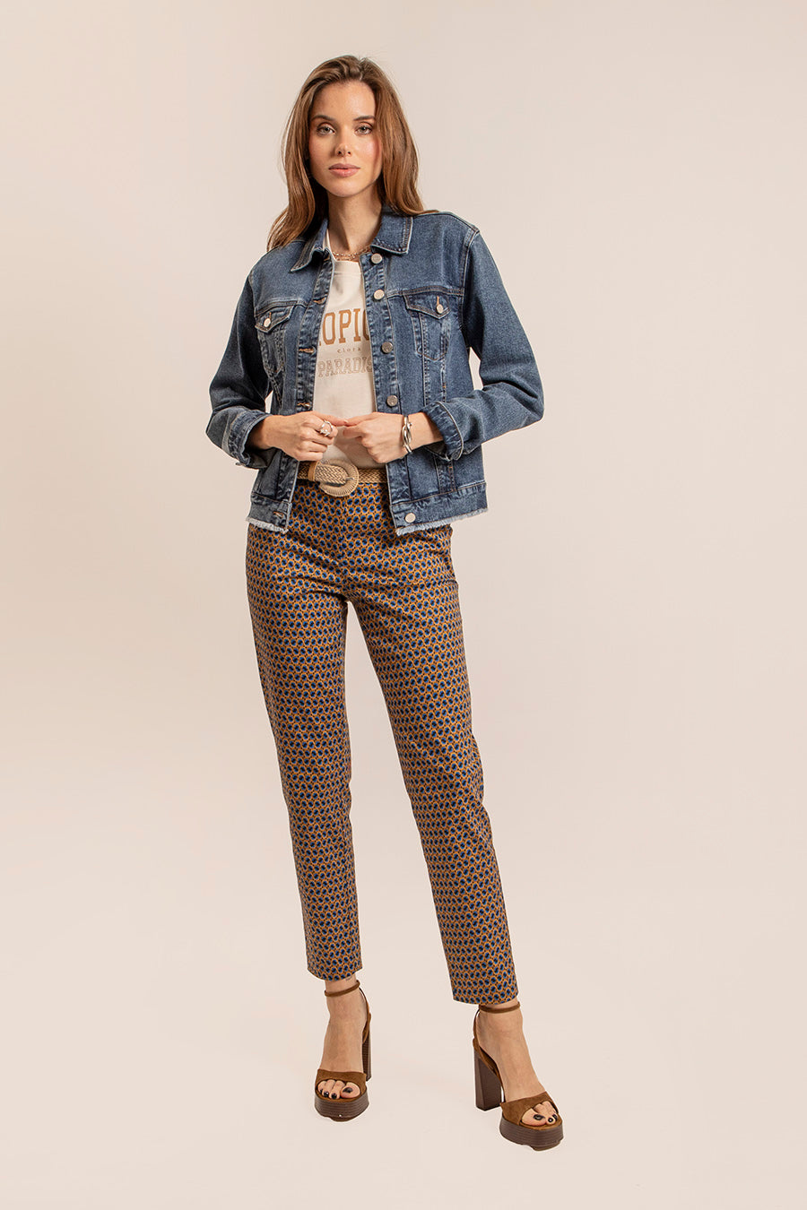 Pantalon cigarette imprimé bleu | Elora