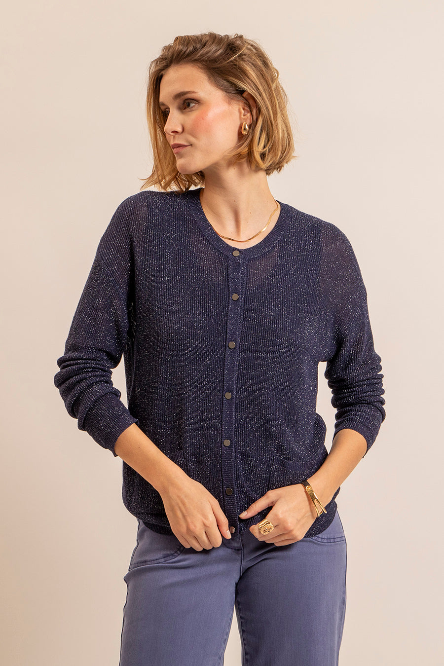 Gilet lurex boutonné navy | Elora