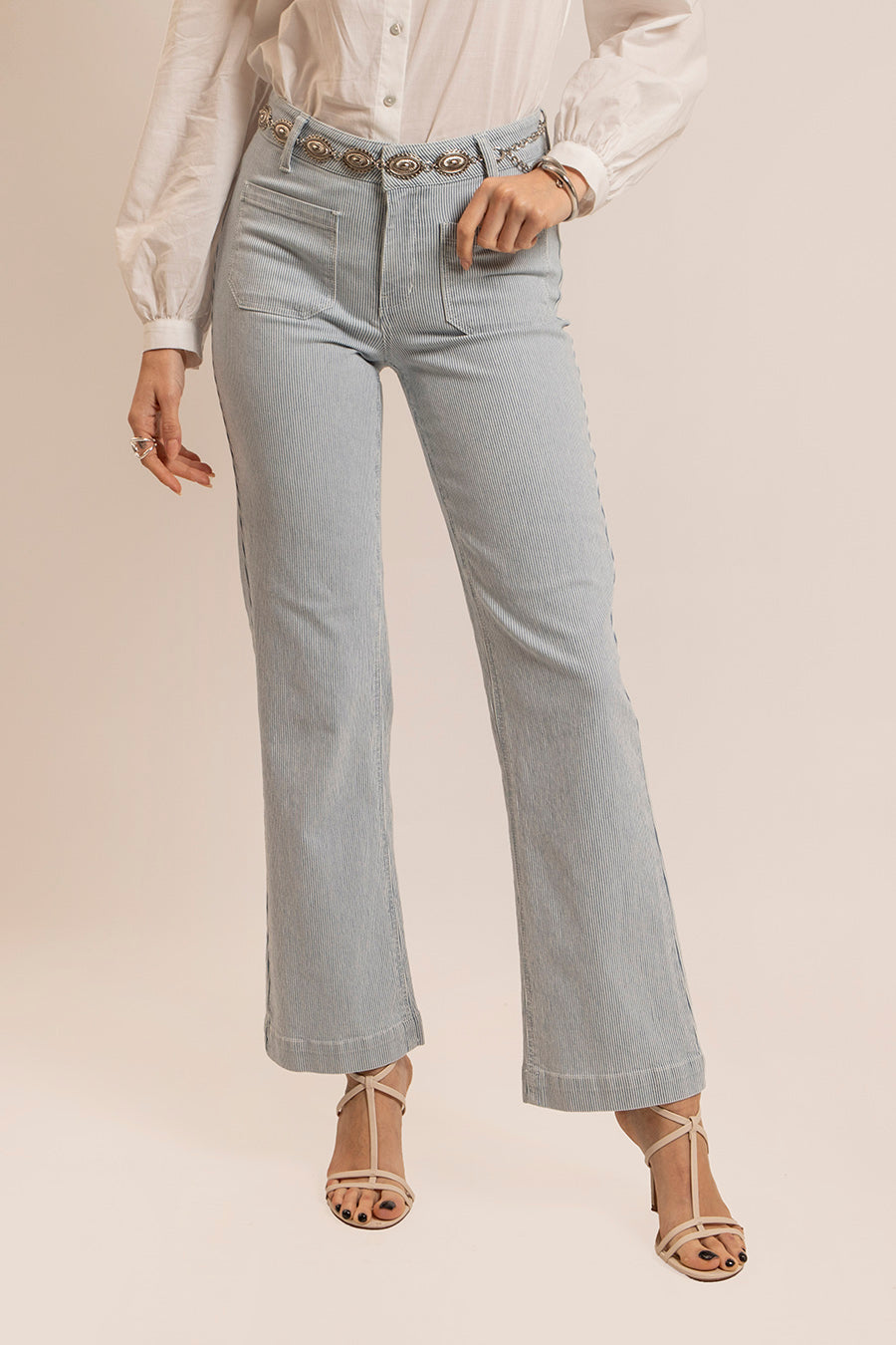 Jean bootcut rayé bleu et écru | Elora