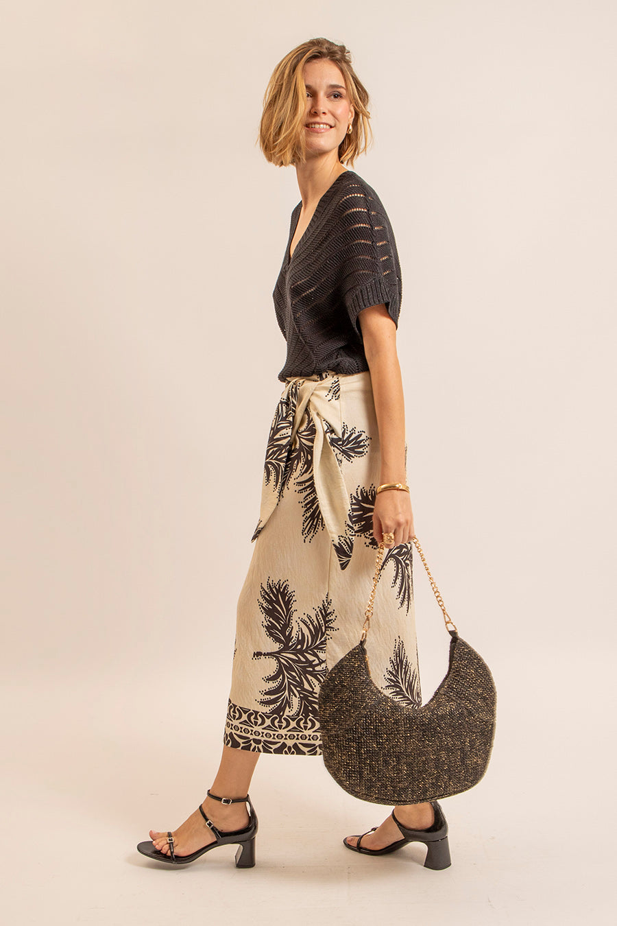 Jupe paréo beige et noire | Elora