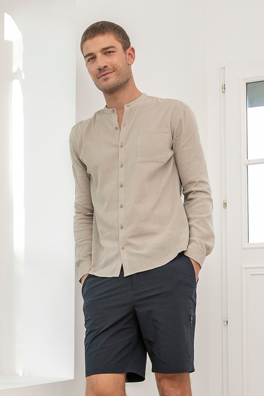 Chemise col mao kaki clair | Elora