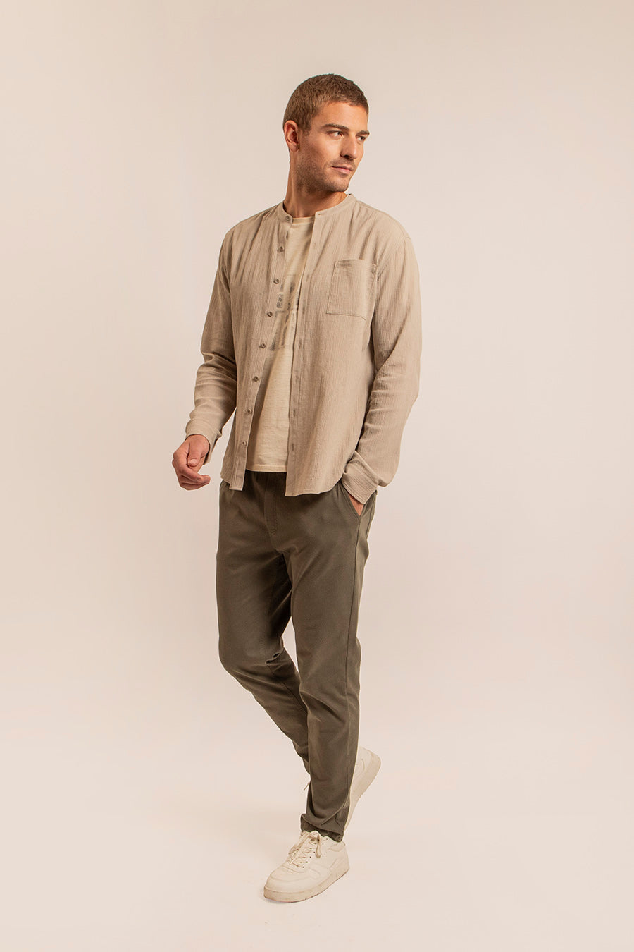 Chemise col mao kaki clair | Elora