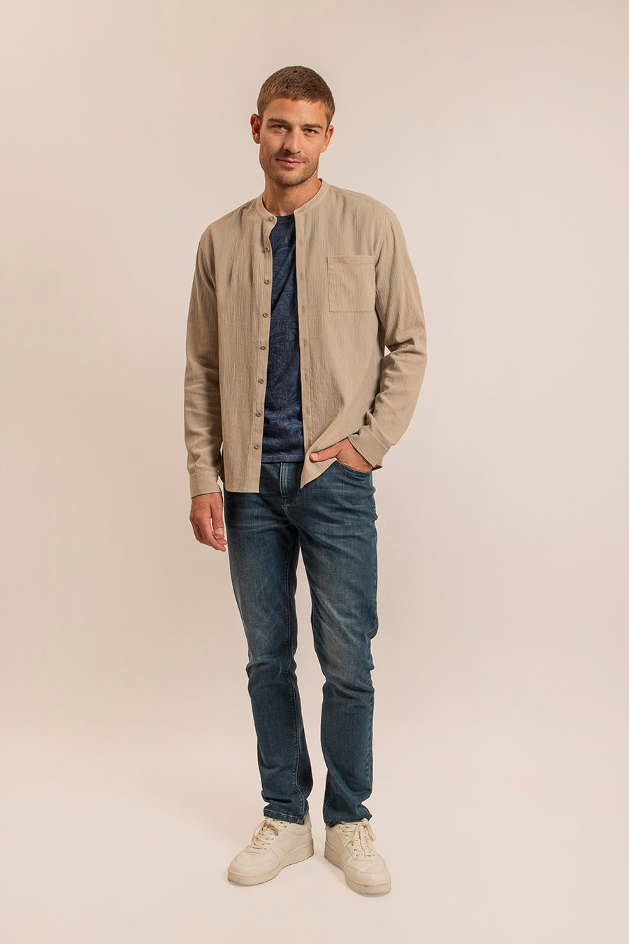 Chemise col mao kaki clair | Elora