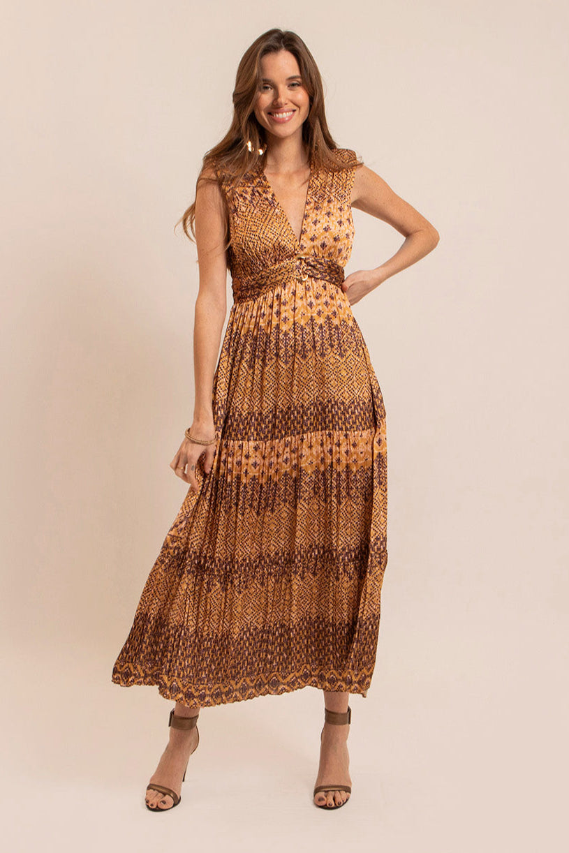 Robe longue plissée dorée | Elora