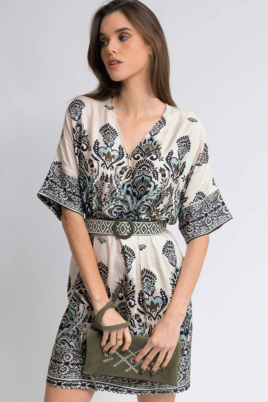 Robe kimono imprimé écru kaki et bleu | Elora