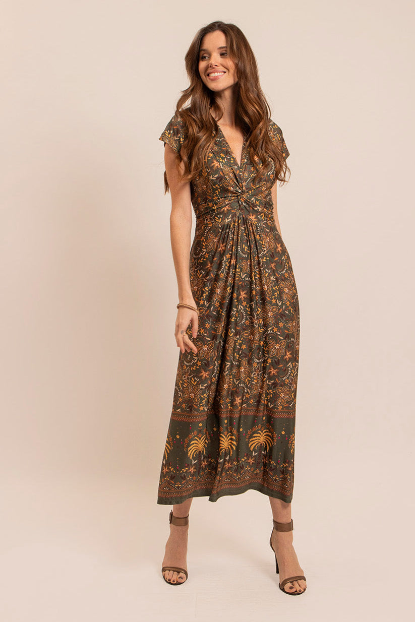 Robe longue infroissable kaki et ocre | Elora