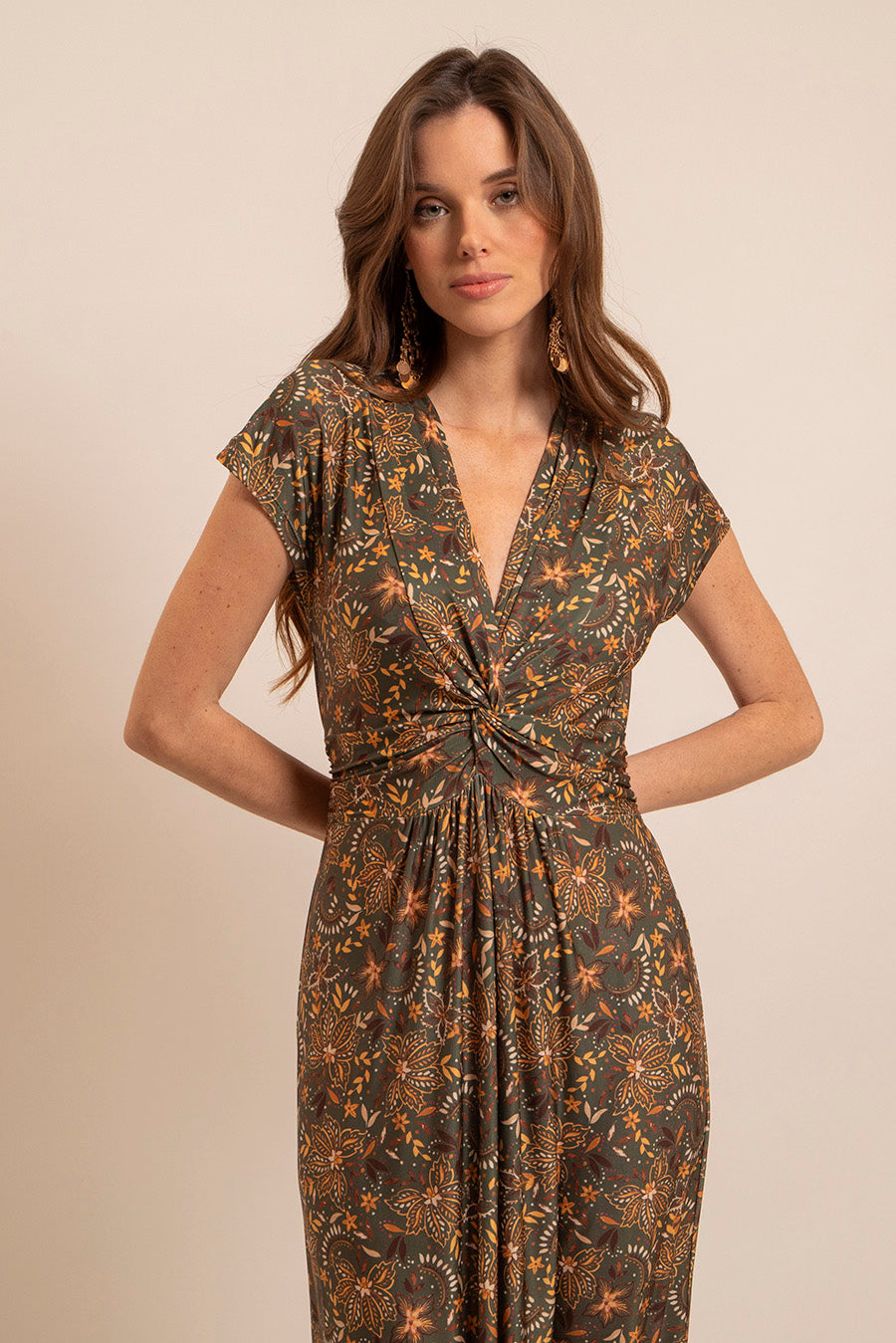 Robe longue infroissable kaki et ocre | Elora
