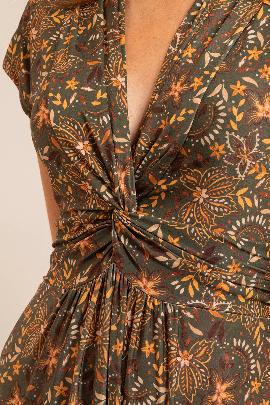 Robe longue infroissable kaki et ocre | Elora