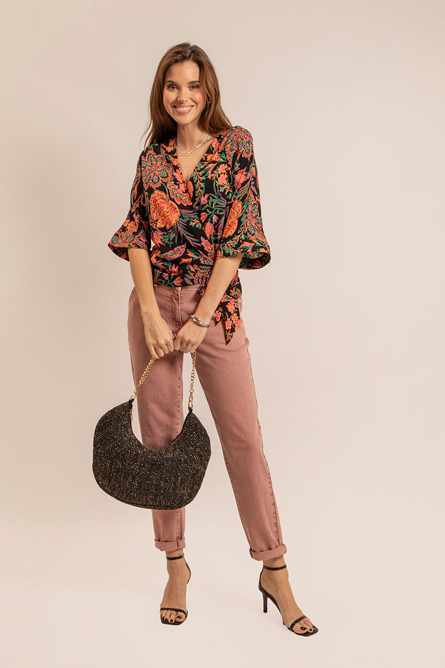 Blouse cache coeur imprimé noir et orange | Elora