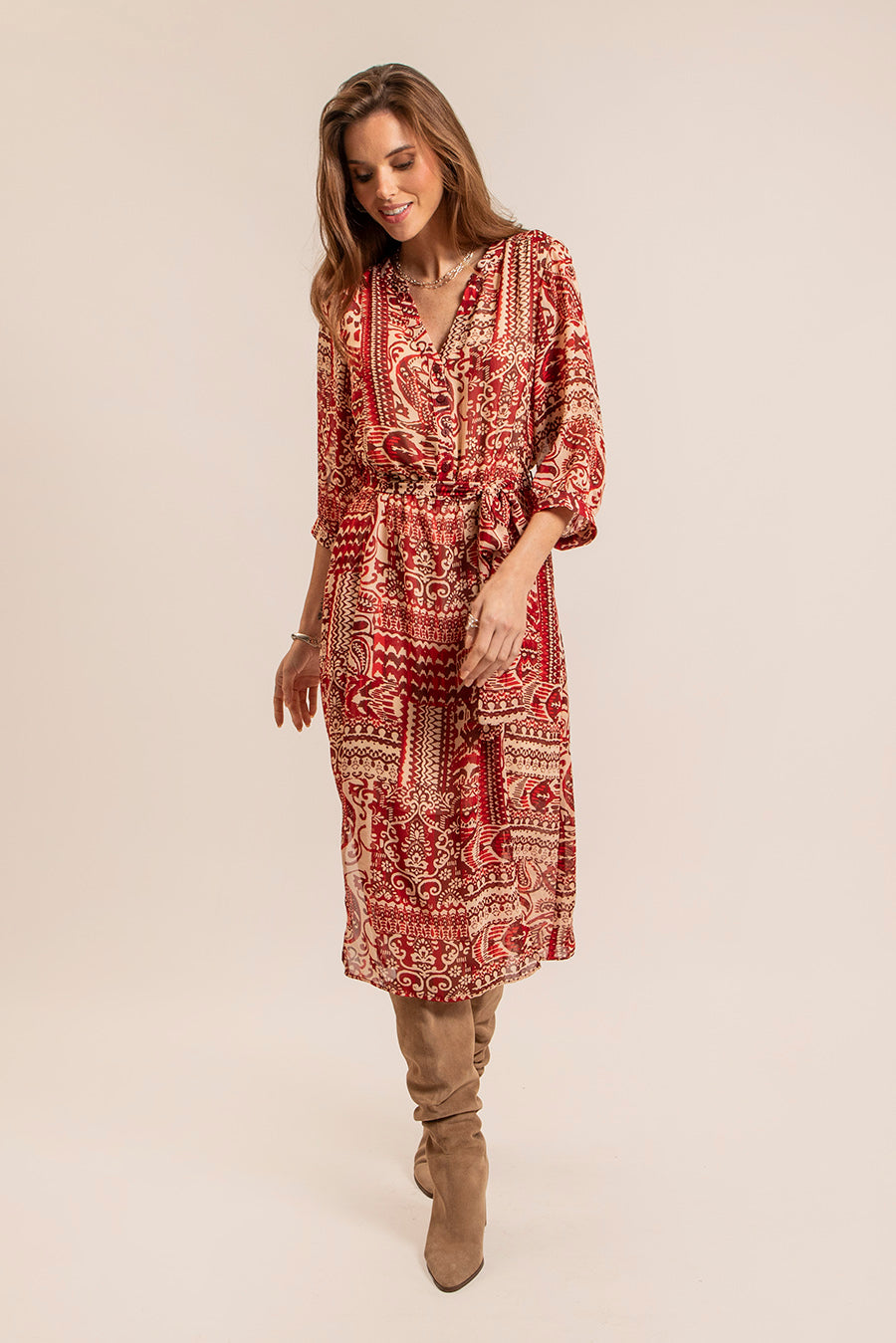 Robe longue imprimé rouge et beige | Elora