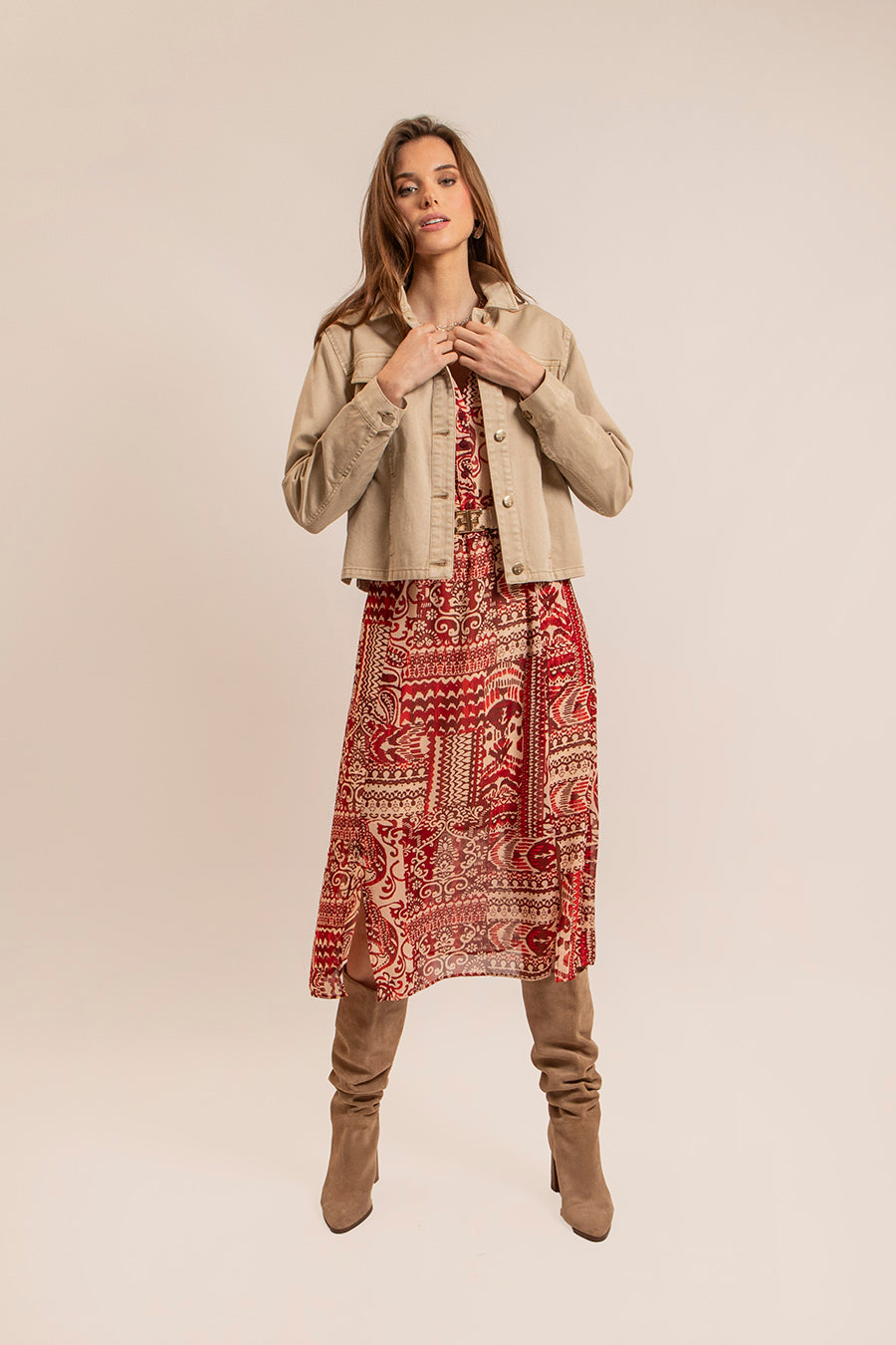 Robe longue imprimé rouge et beige | Elora