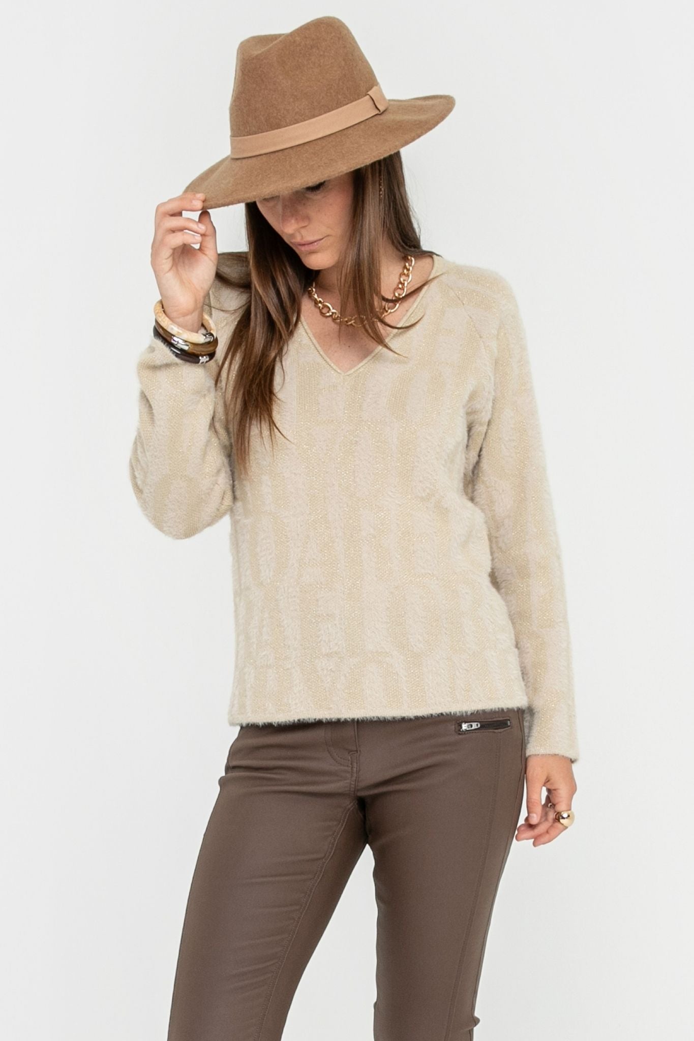 Pull à message écru et doré | Elora