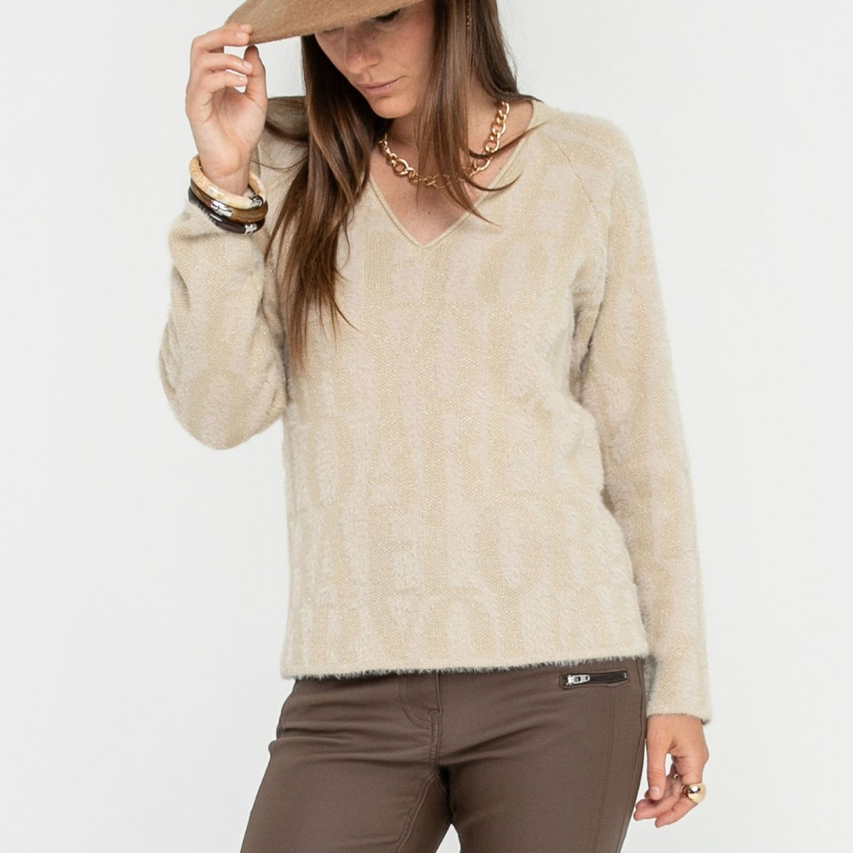 Pull à message écru et doré – Elora
