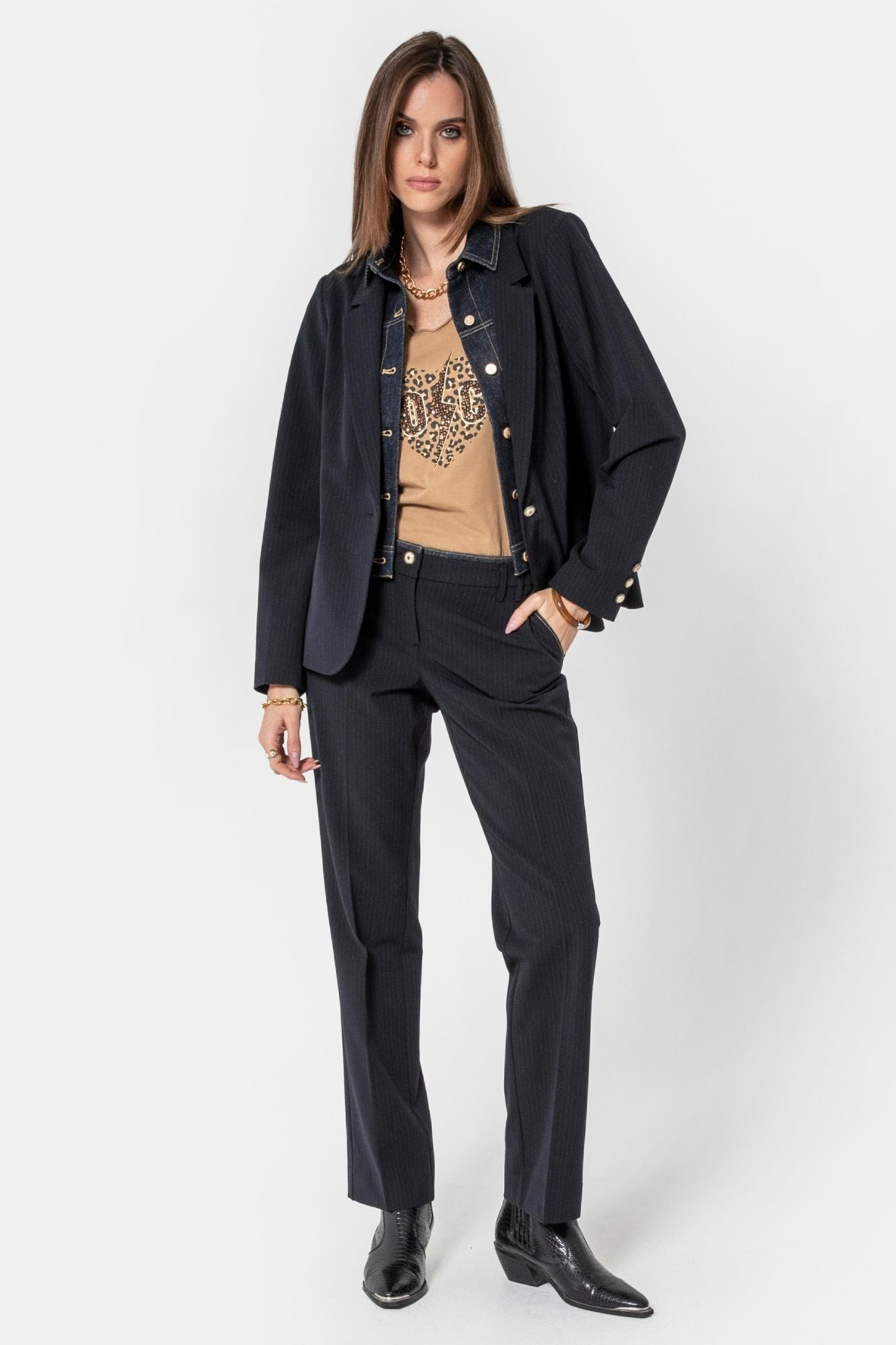 Pantalon bi-matières rayé | Elora