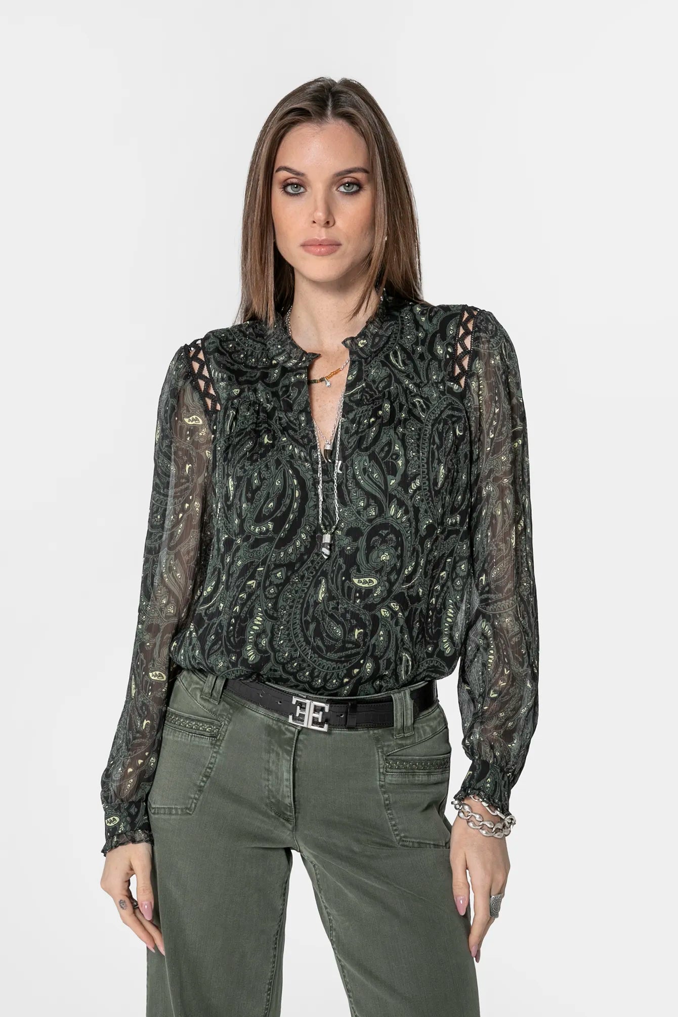 Blouse ajourée kaki et noir | Elora
