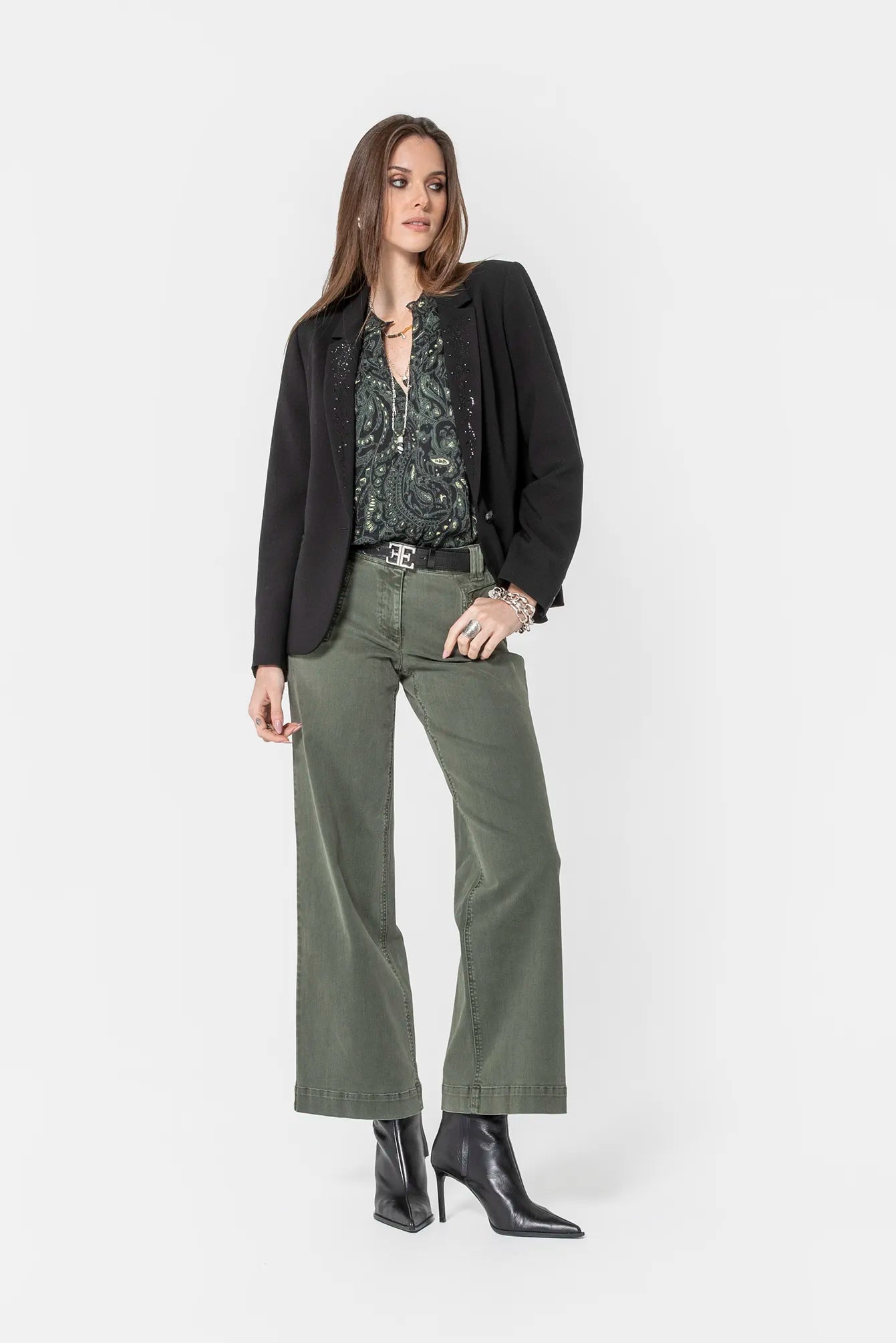 Blouse ajourée kaki et noir | Elora