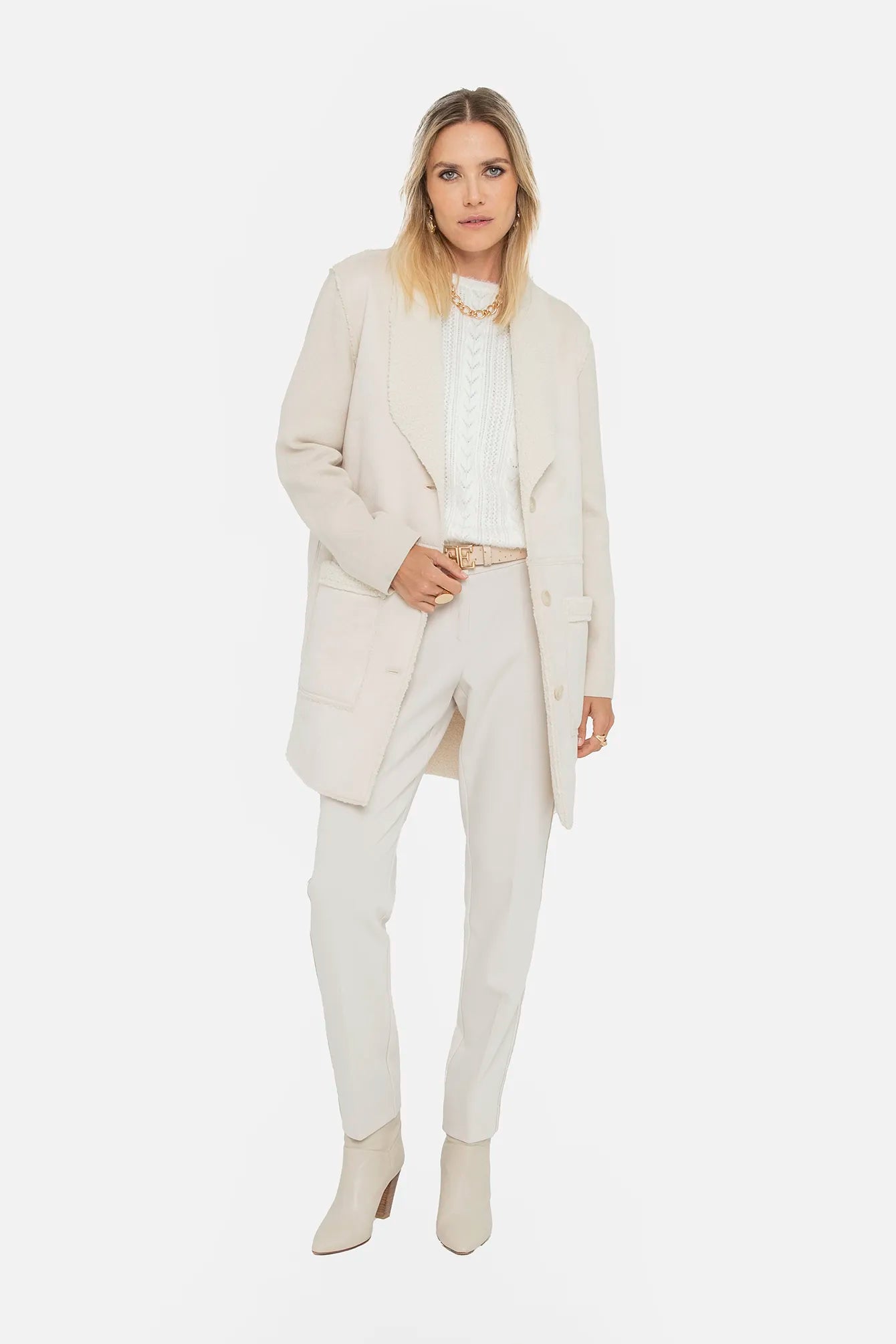 Manteau long bi matières écru | Elora