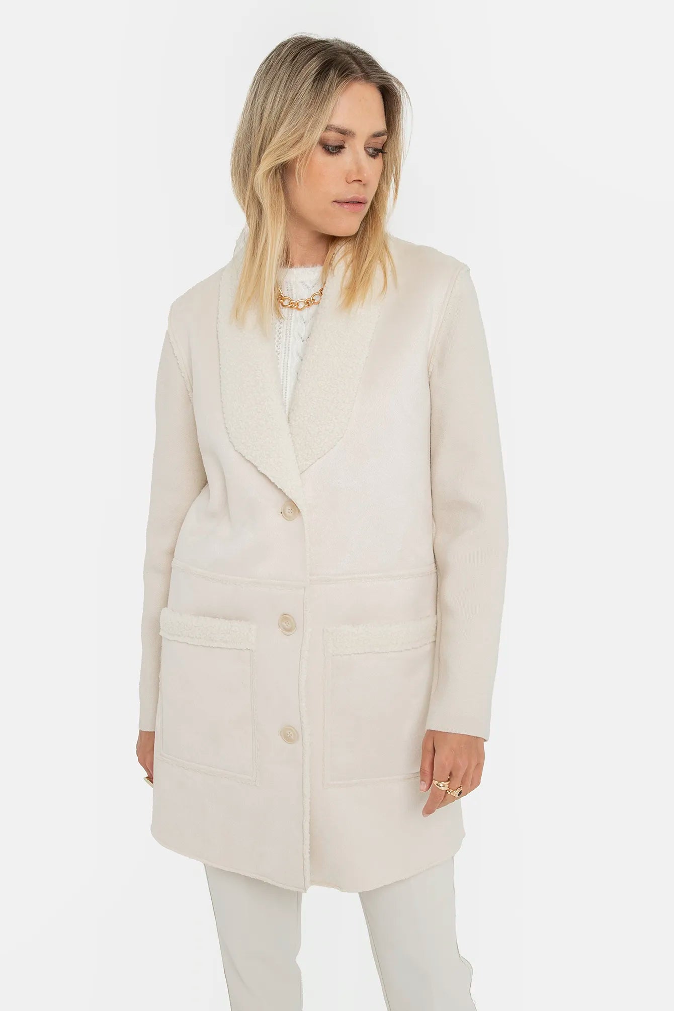 Manteau long bi matières écru | Elora