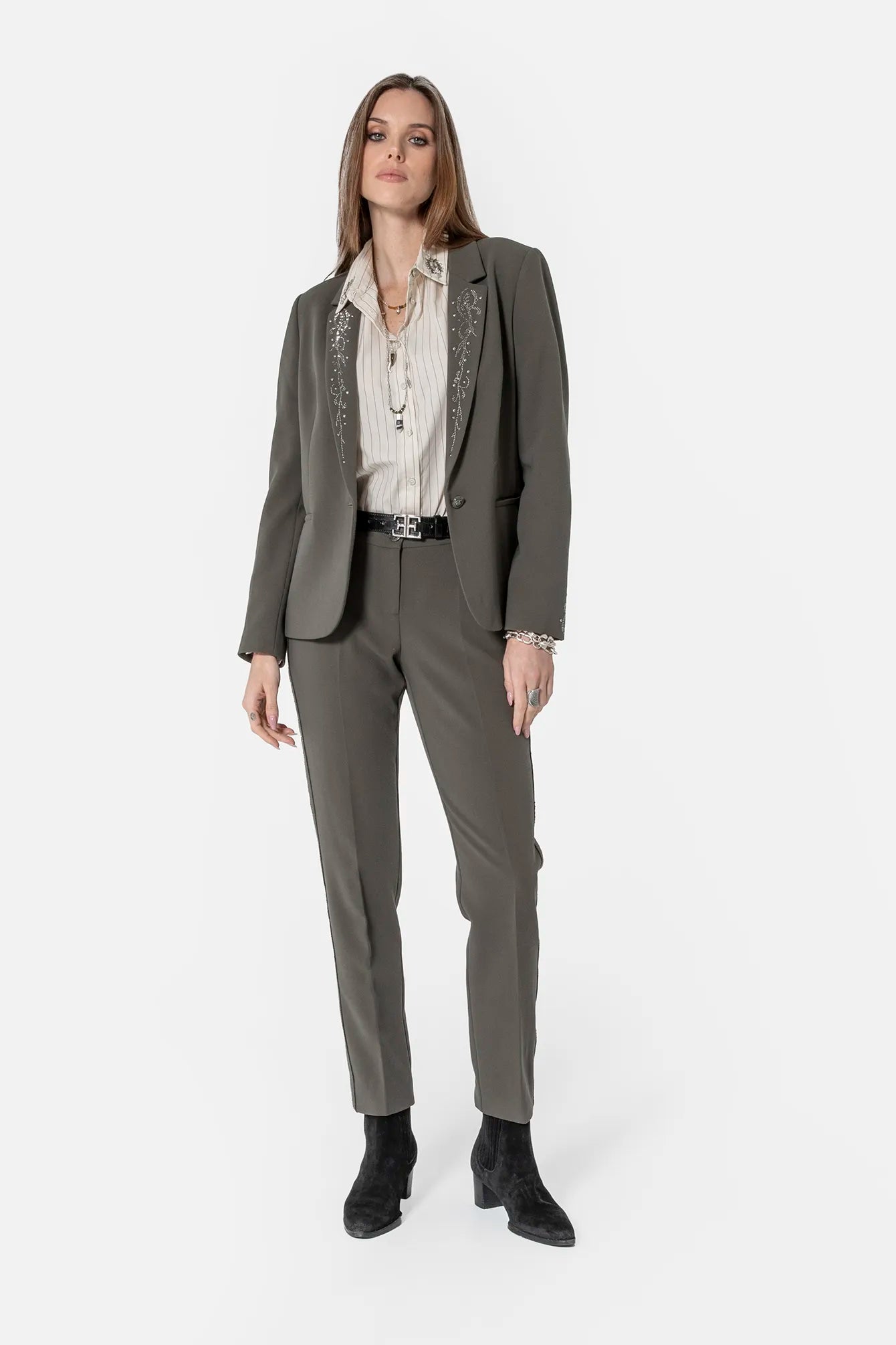 Veste tailleur à strass et clous kaki | Elora