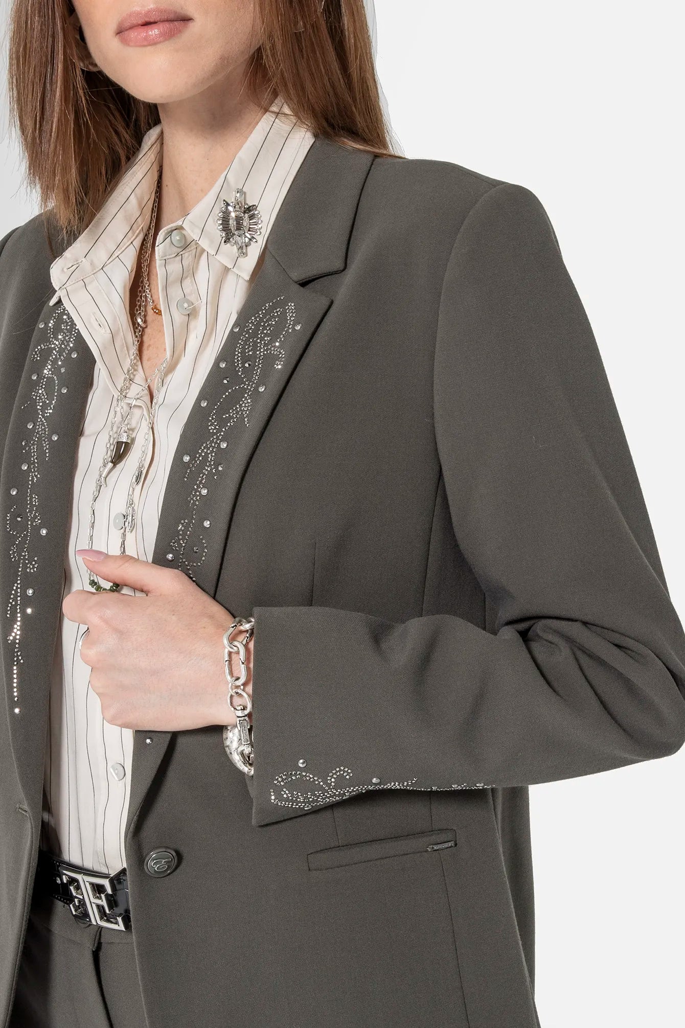 Veste tailleur à strass et clous kaki | Elora