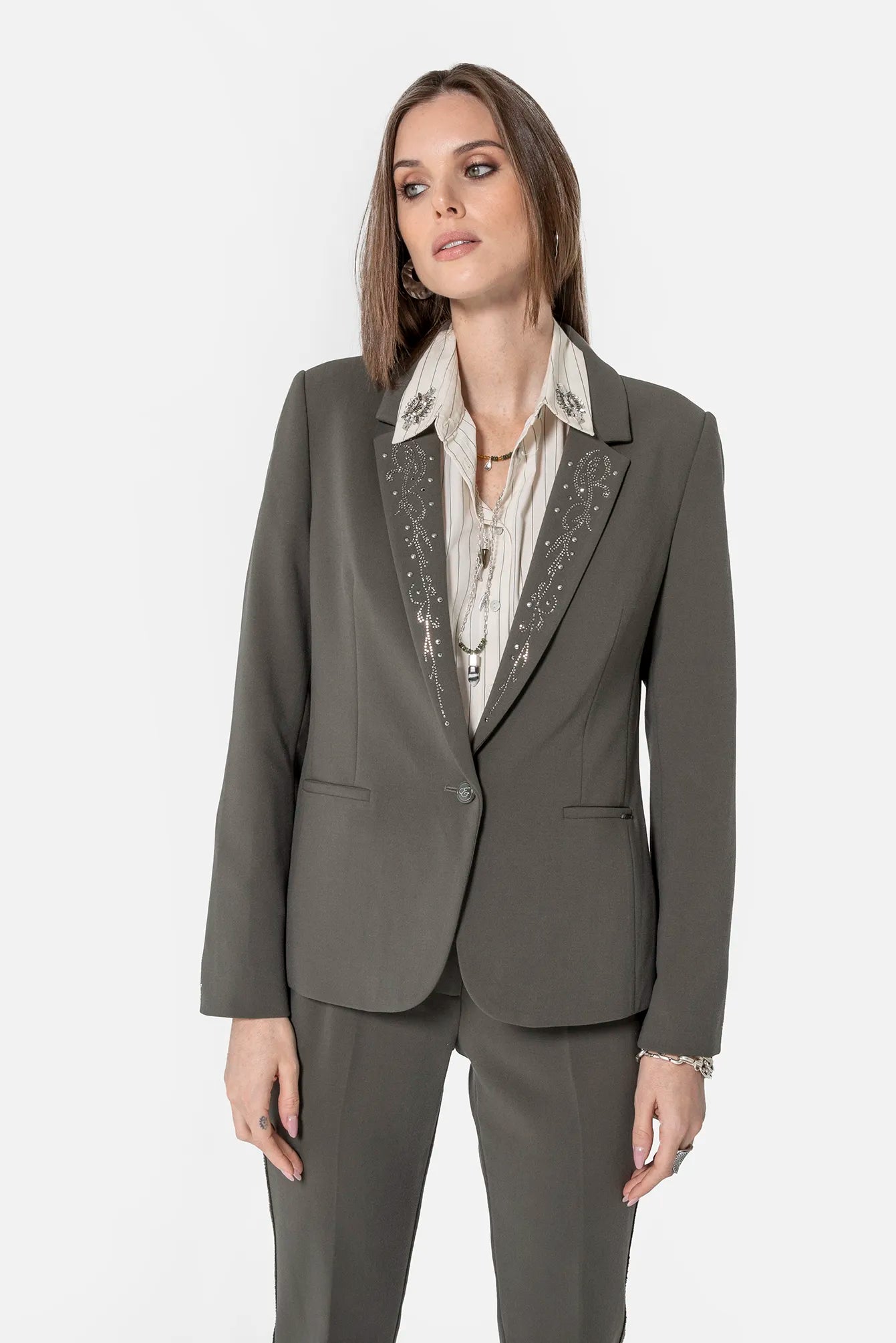 Veste tailleur à strass et clous kaki | Elora