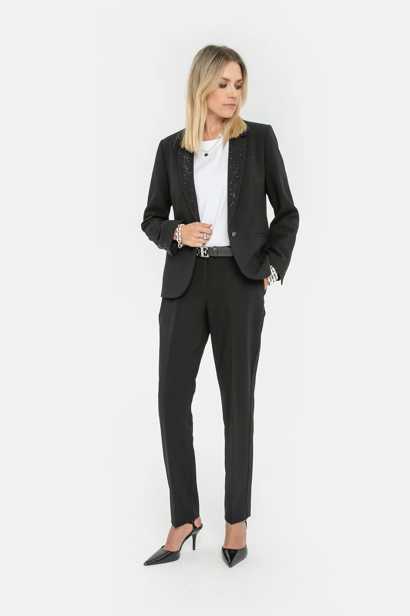 Veste tailleur à strass et clous noir | Elora