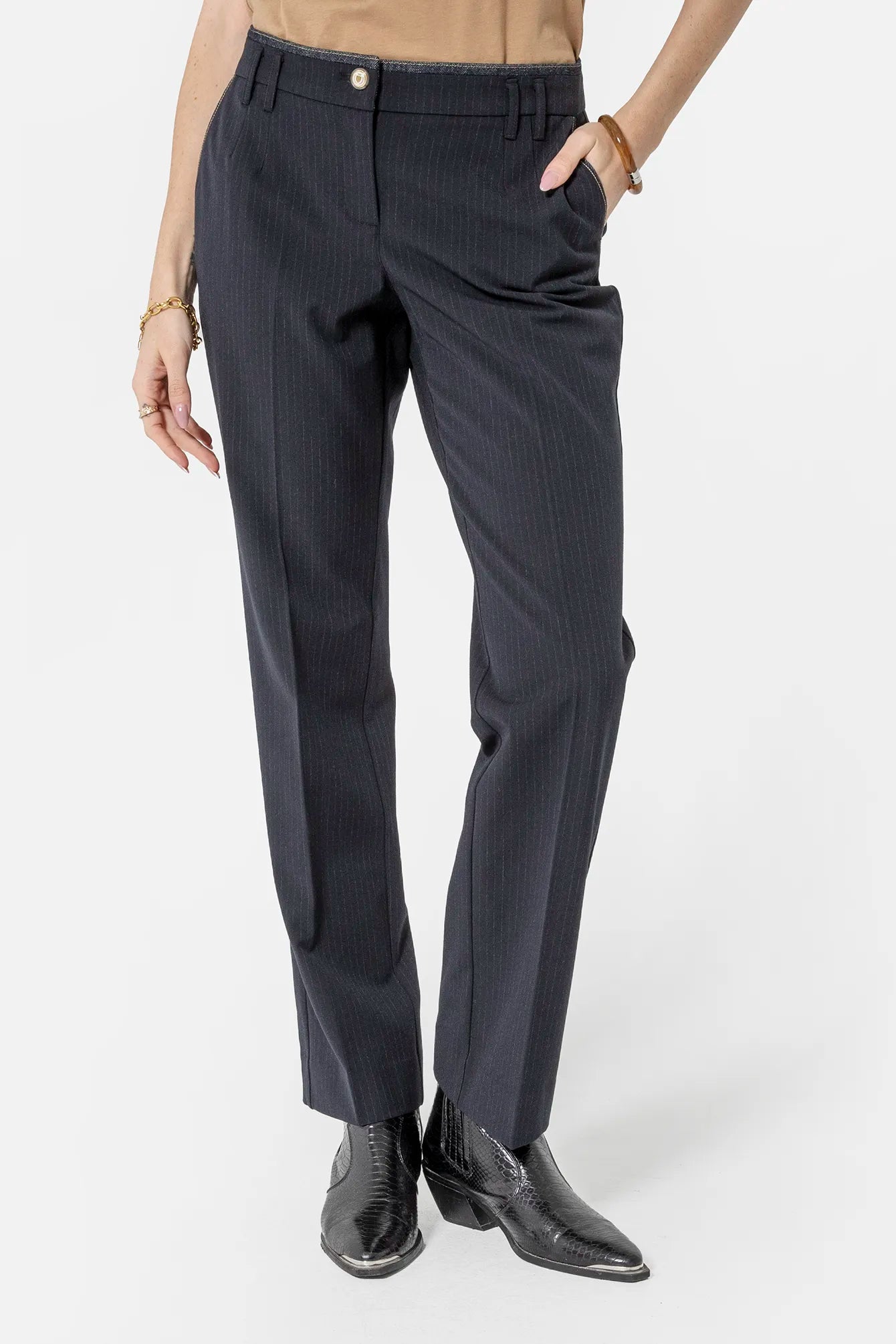 Pantalon bi matières rayé | Elora