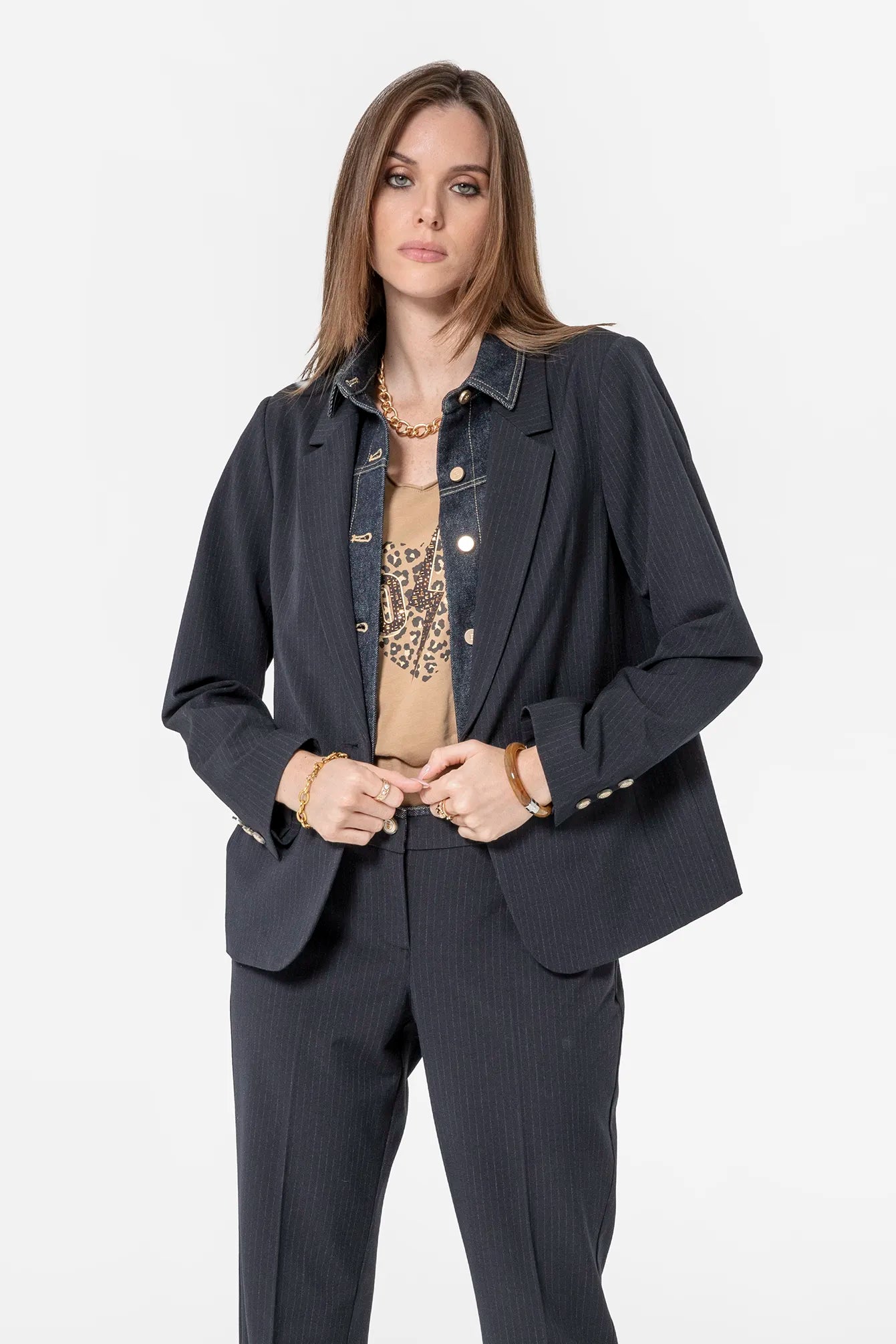 Veste rayé bi matières navy | Elora