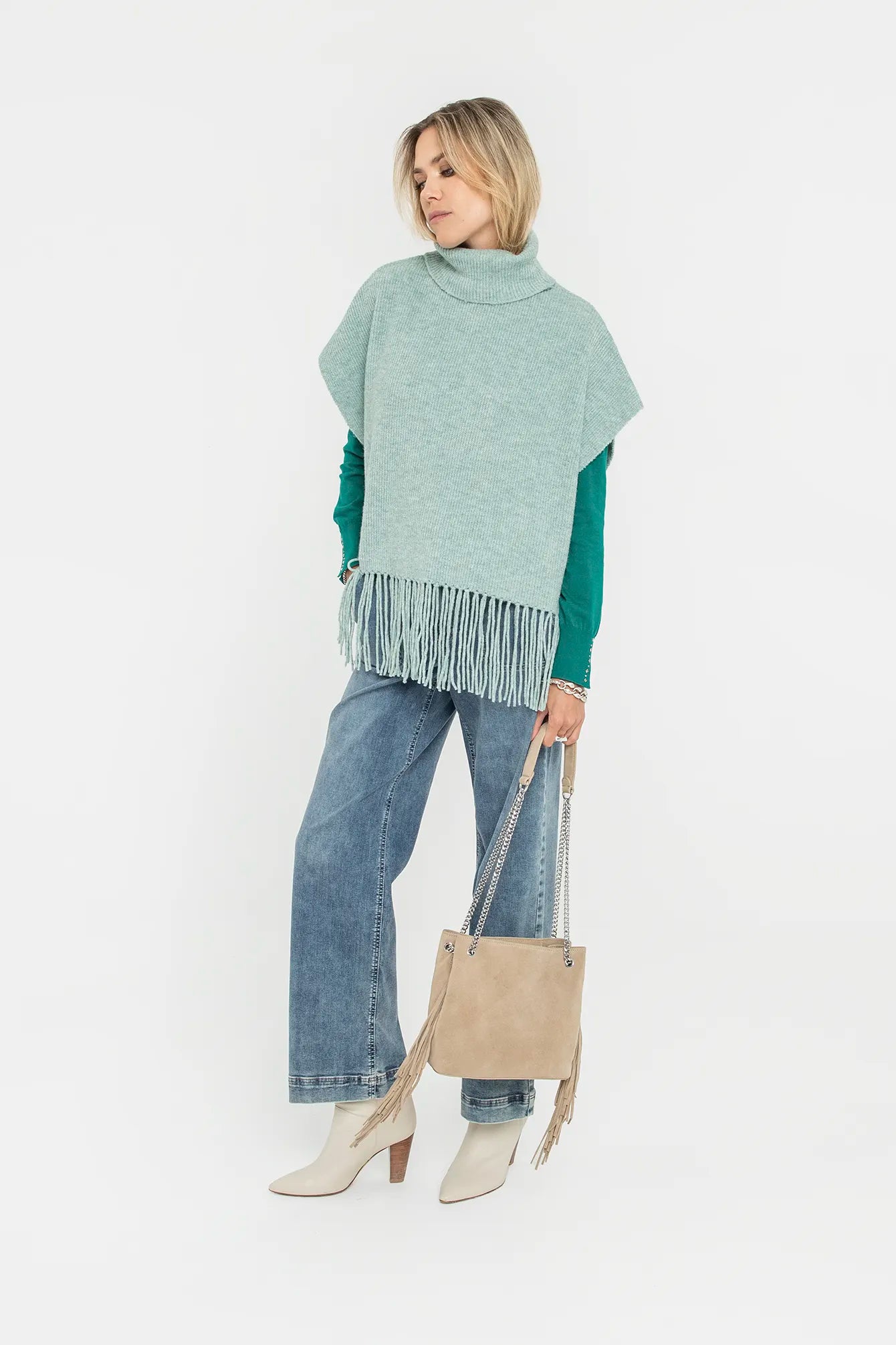 Poncho col roulé frangé vert d'eau | Elora