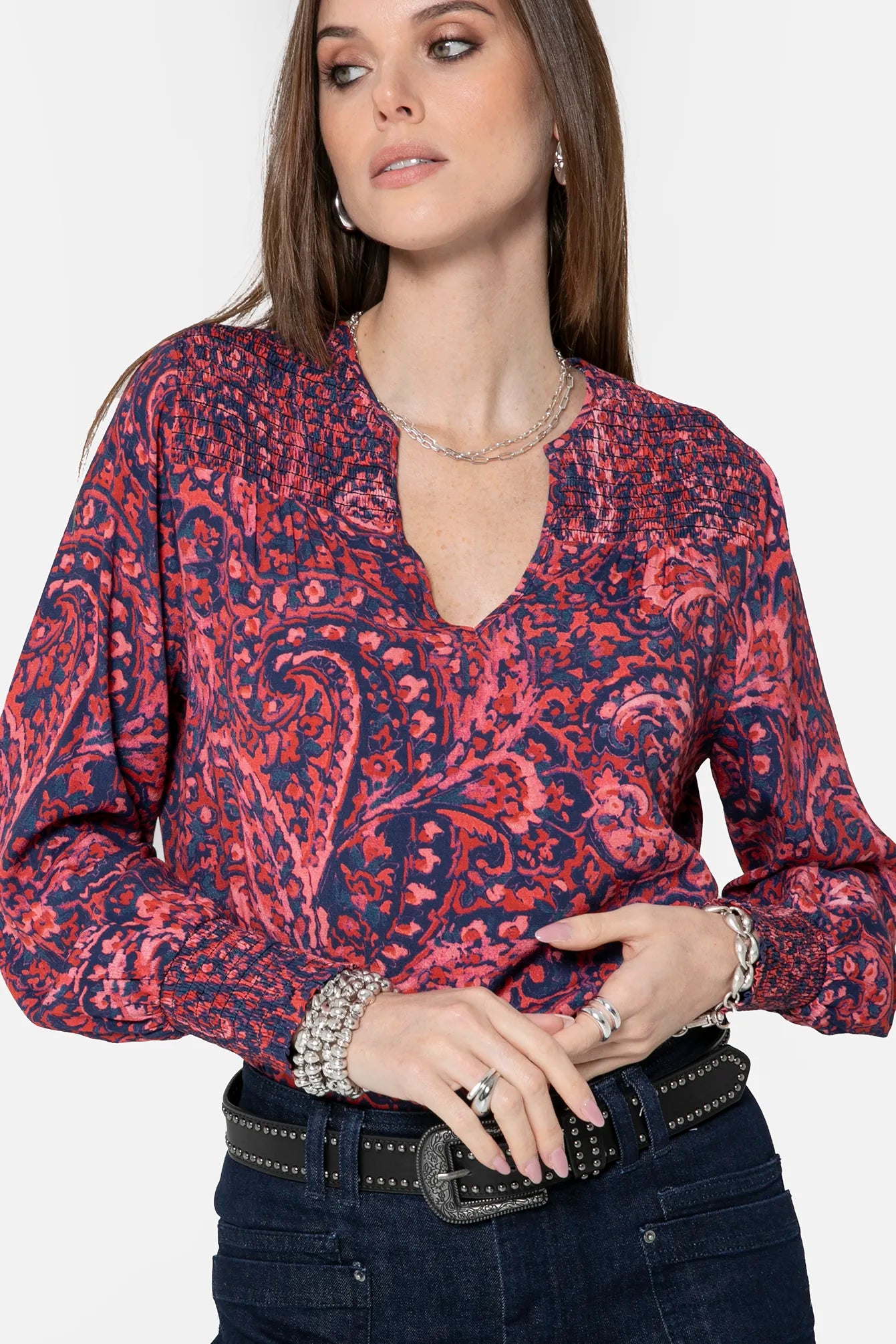 Blouse à motif cachemire bleu et rose | Elora