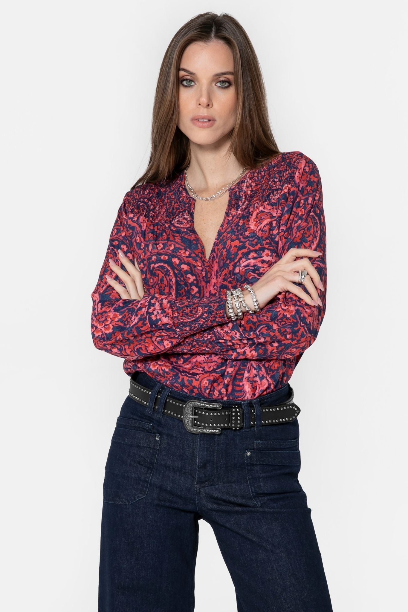 Blouse à motif cachemire bleu et rose | Elora