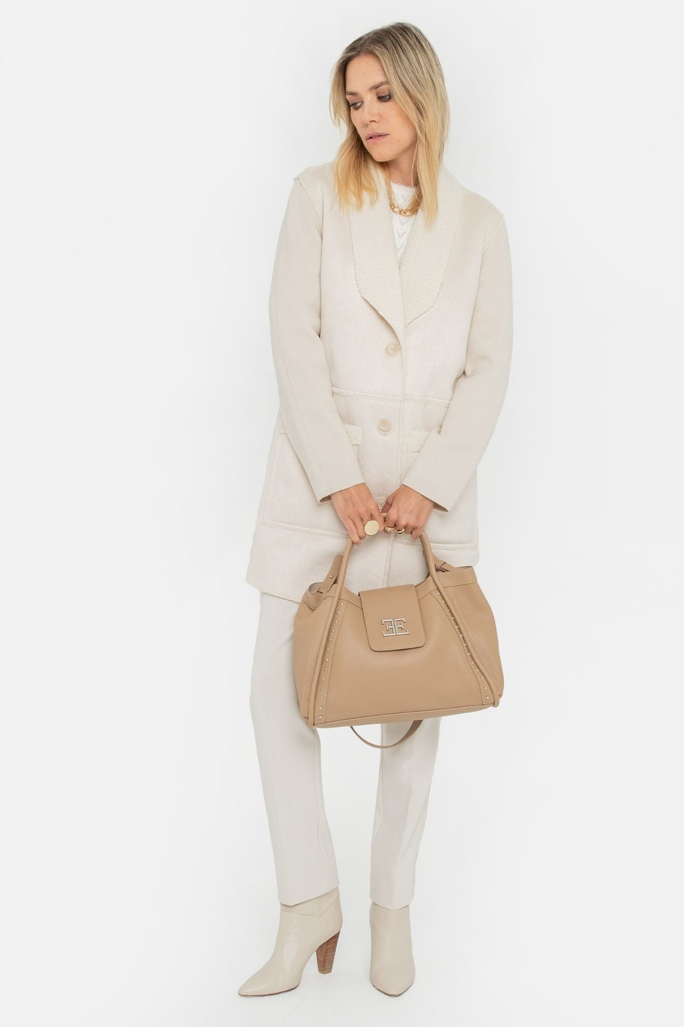 Manteau long bi-matières écru | Elora