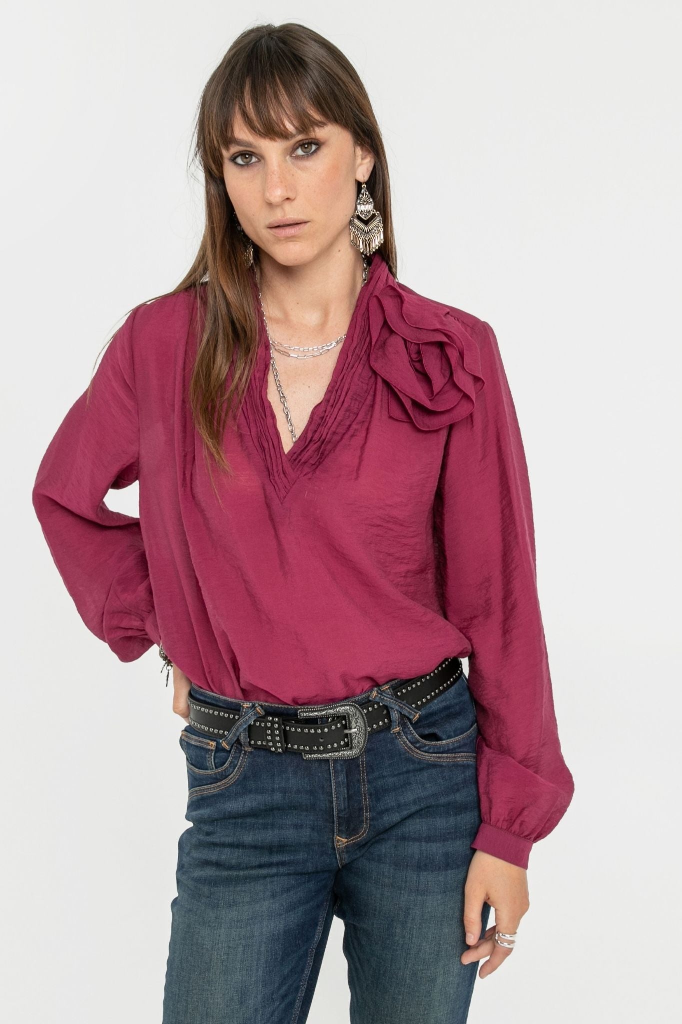 Blouse fleur coloris lie de vin | Elora