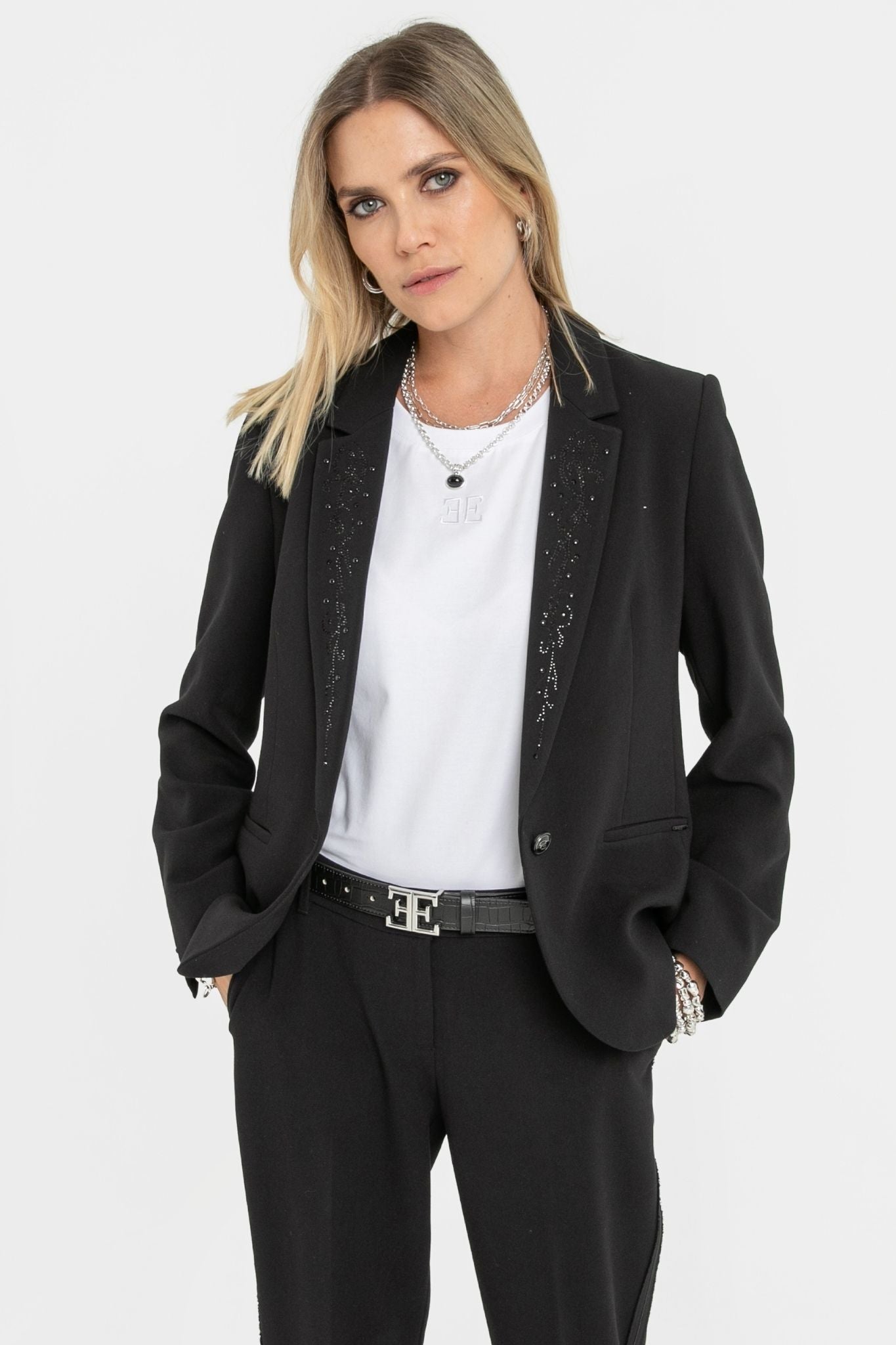 Veste tailleur à strass et clous noir | Elora