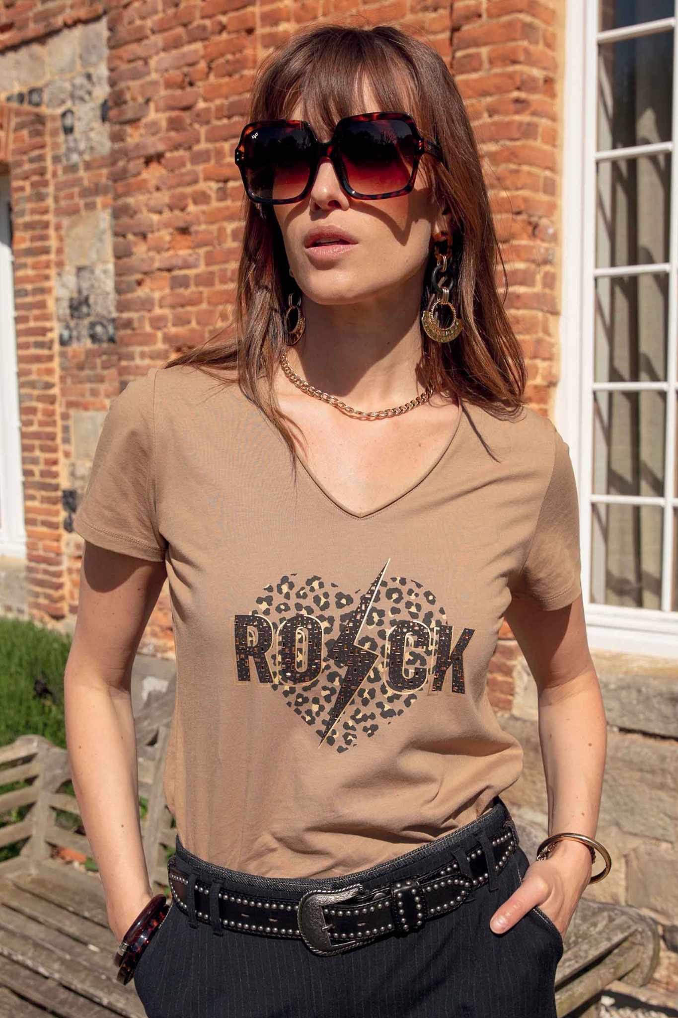 Tee shirt à strass avec message léopard | Elora