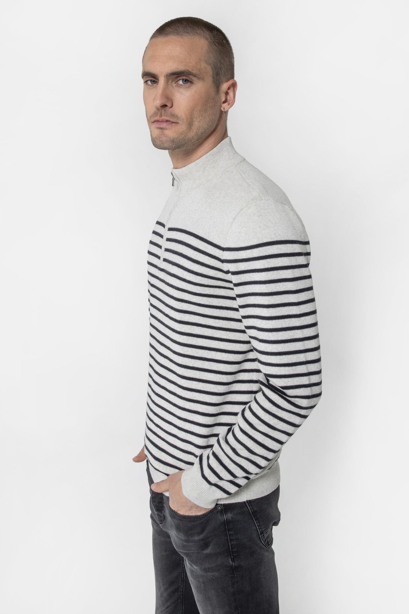 Pull col camionneur rayé gris et navy | Elora
