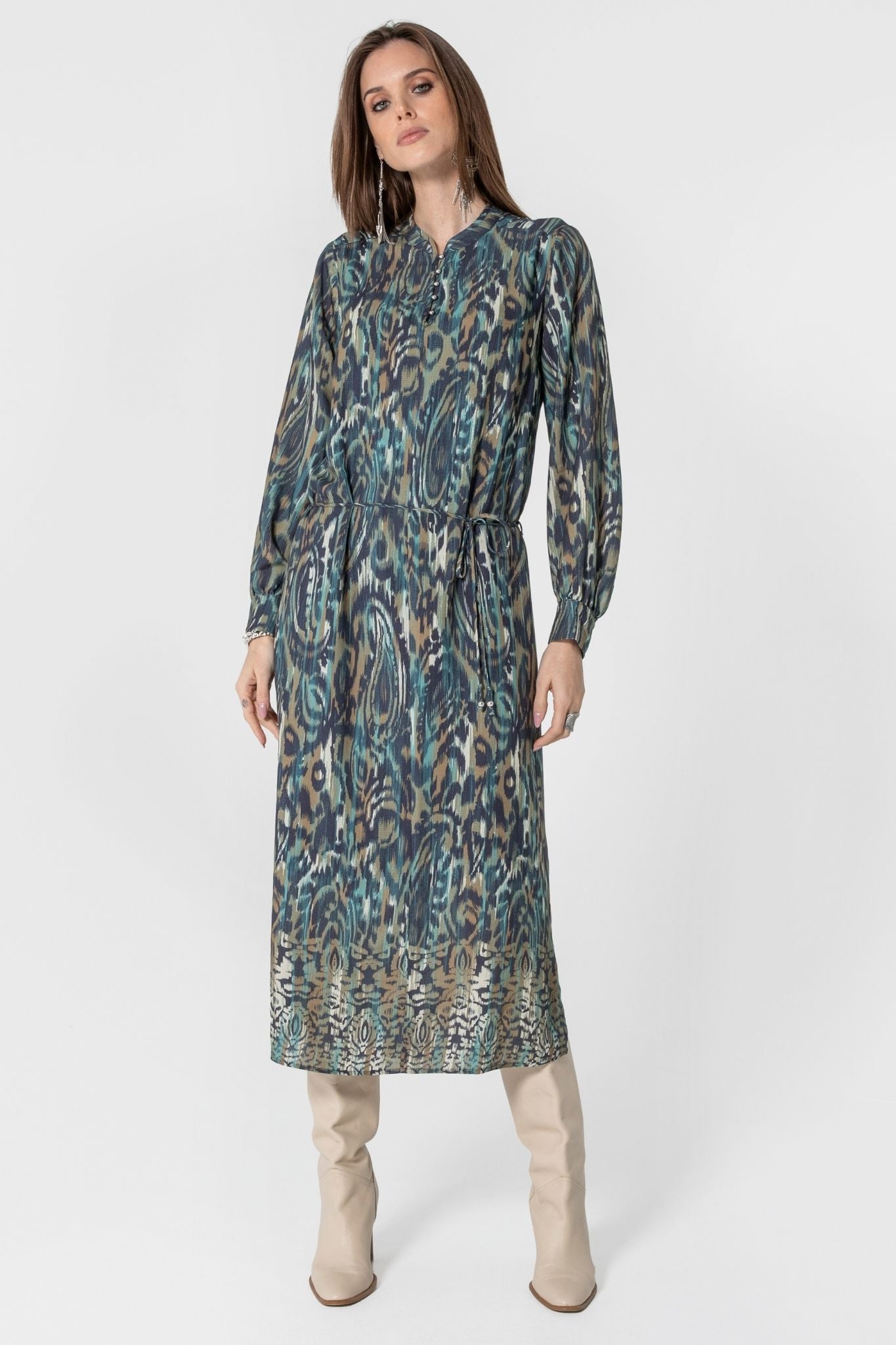 Robe longue imprimé Ikat bleu et kaki | Elora