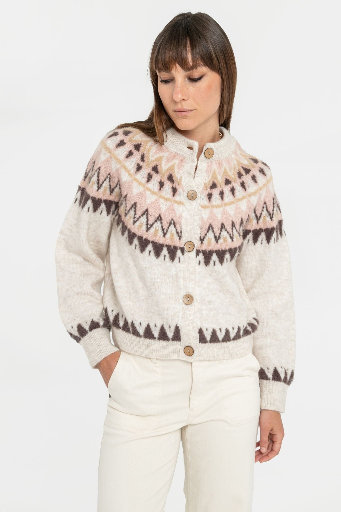 Gilet inspiration norvégienne beige et rose | Elora