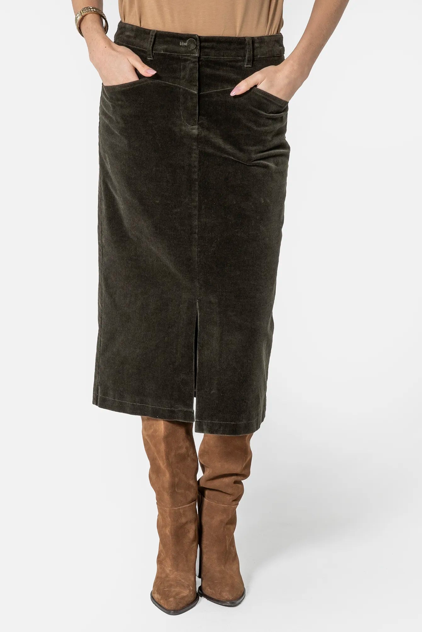 Jupe midi en velours kaki | Elora