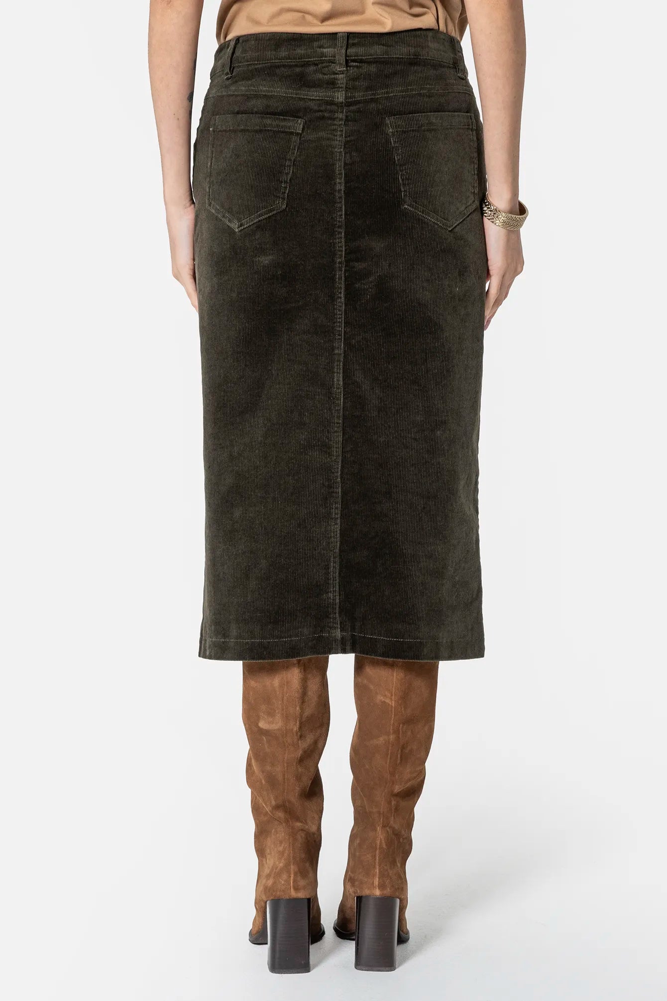 Jupe midi en velours kaki | Elora