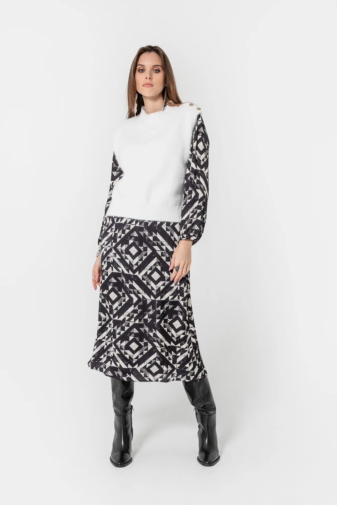 Robe longue imprimé graphique écru et noir | Elora