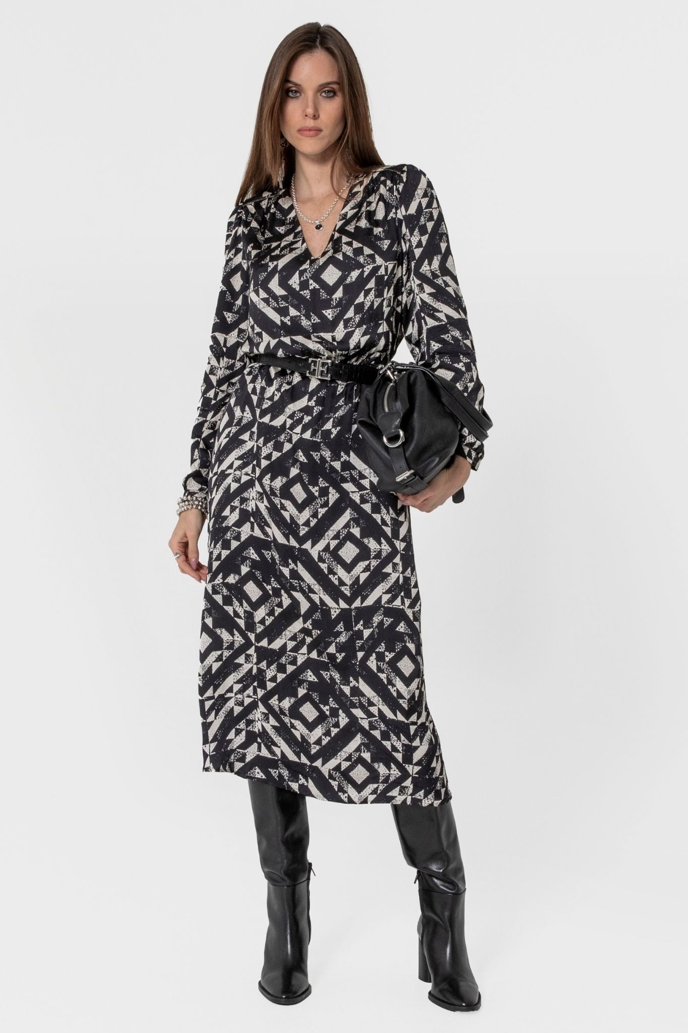 Robe longue imprimé graphique écru et noir | Elora