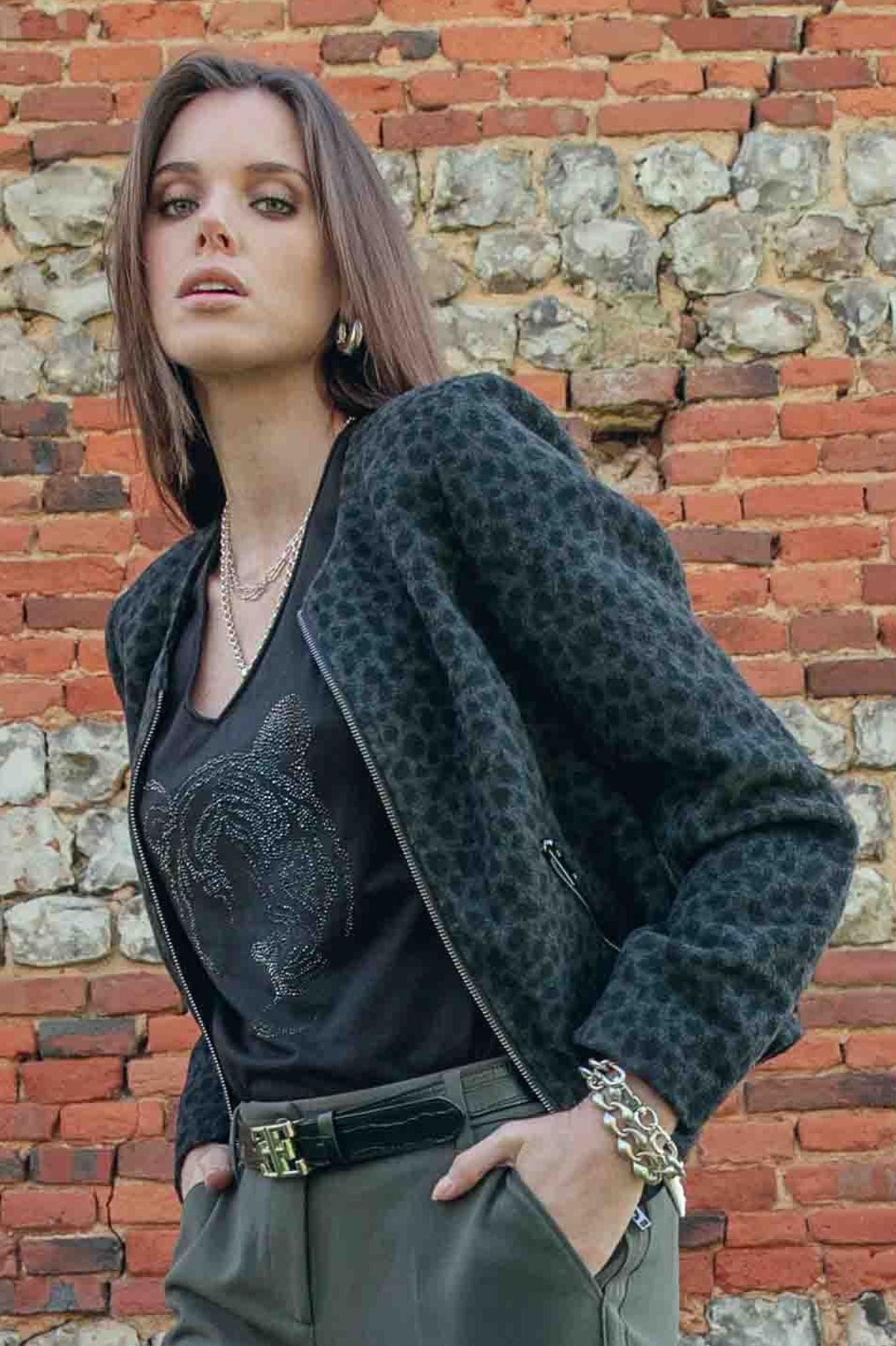 Veste inspiration couture imprimé léopard noir et gris | Elora