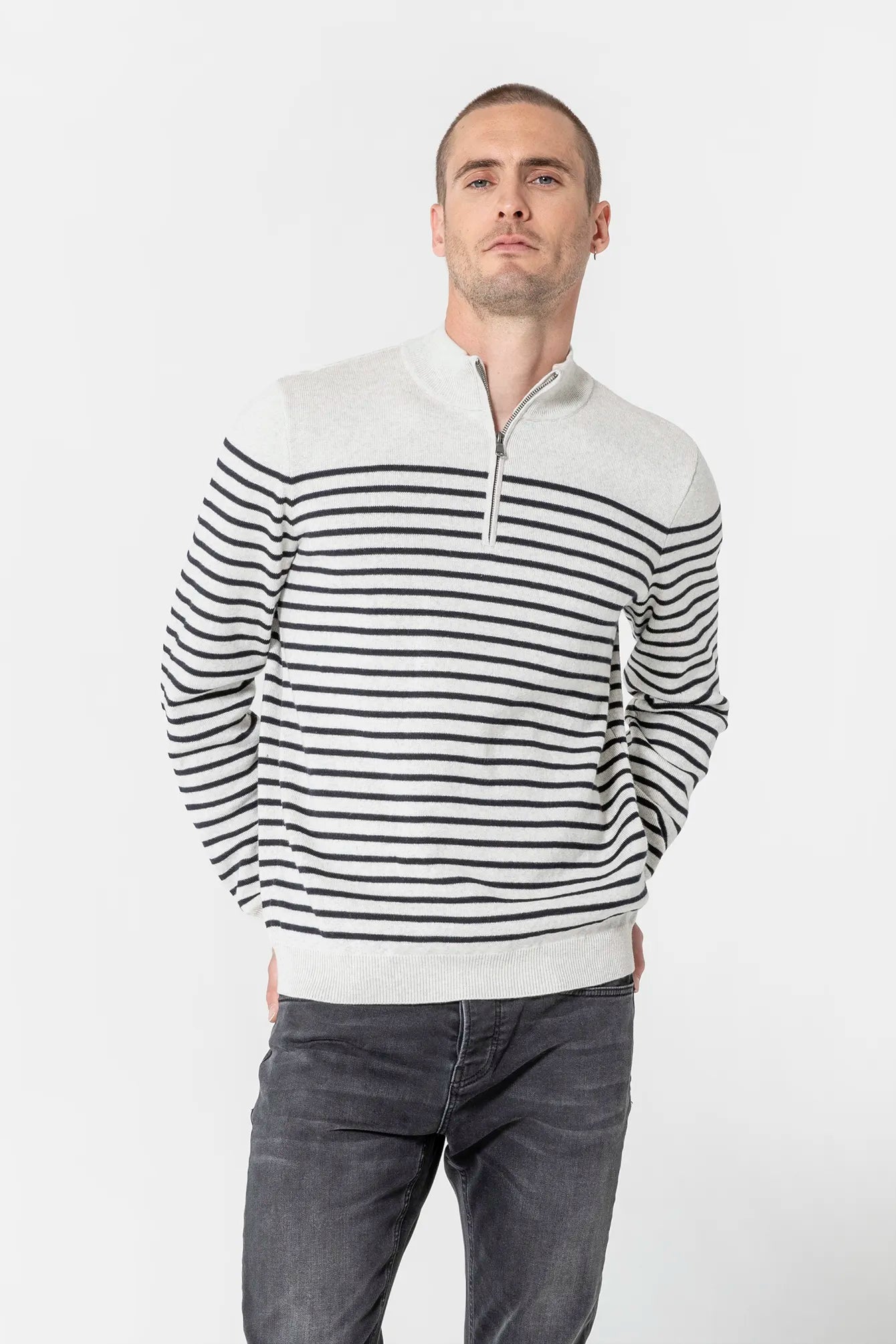 Pull col camionneur rayé gris et navy | Elora
