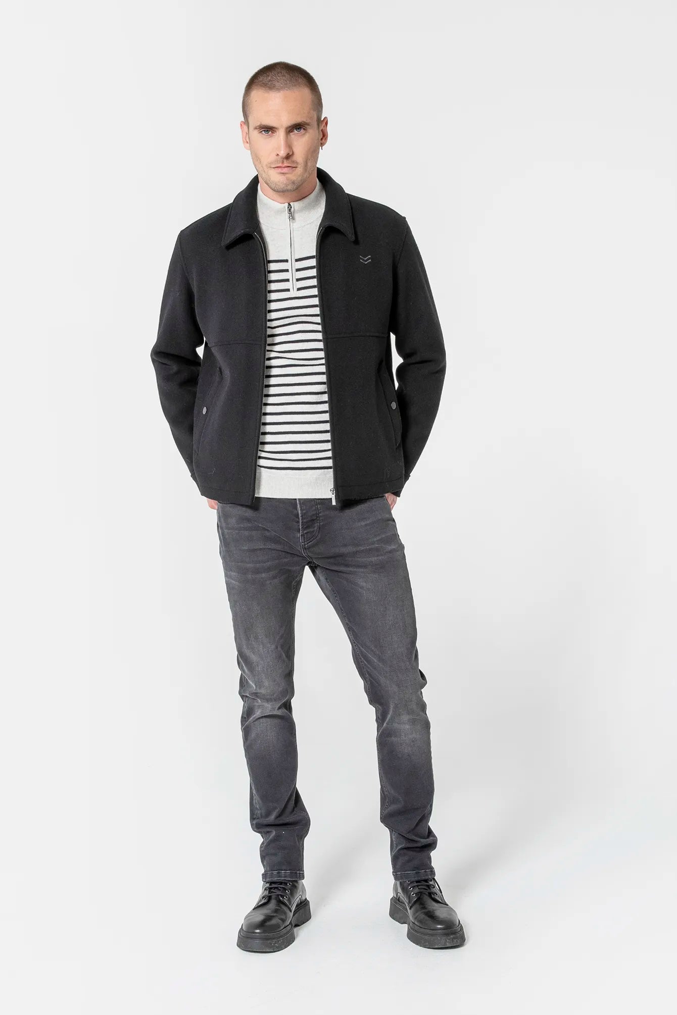 Pull col camionneur rayé gris et navy | Elora