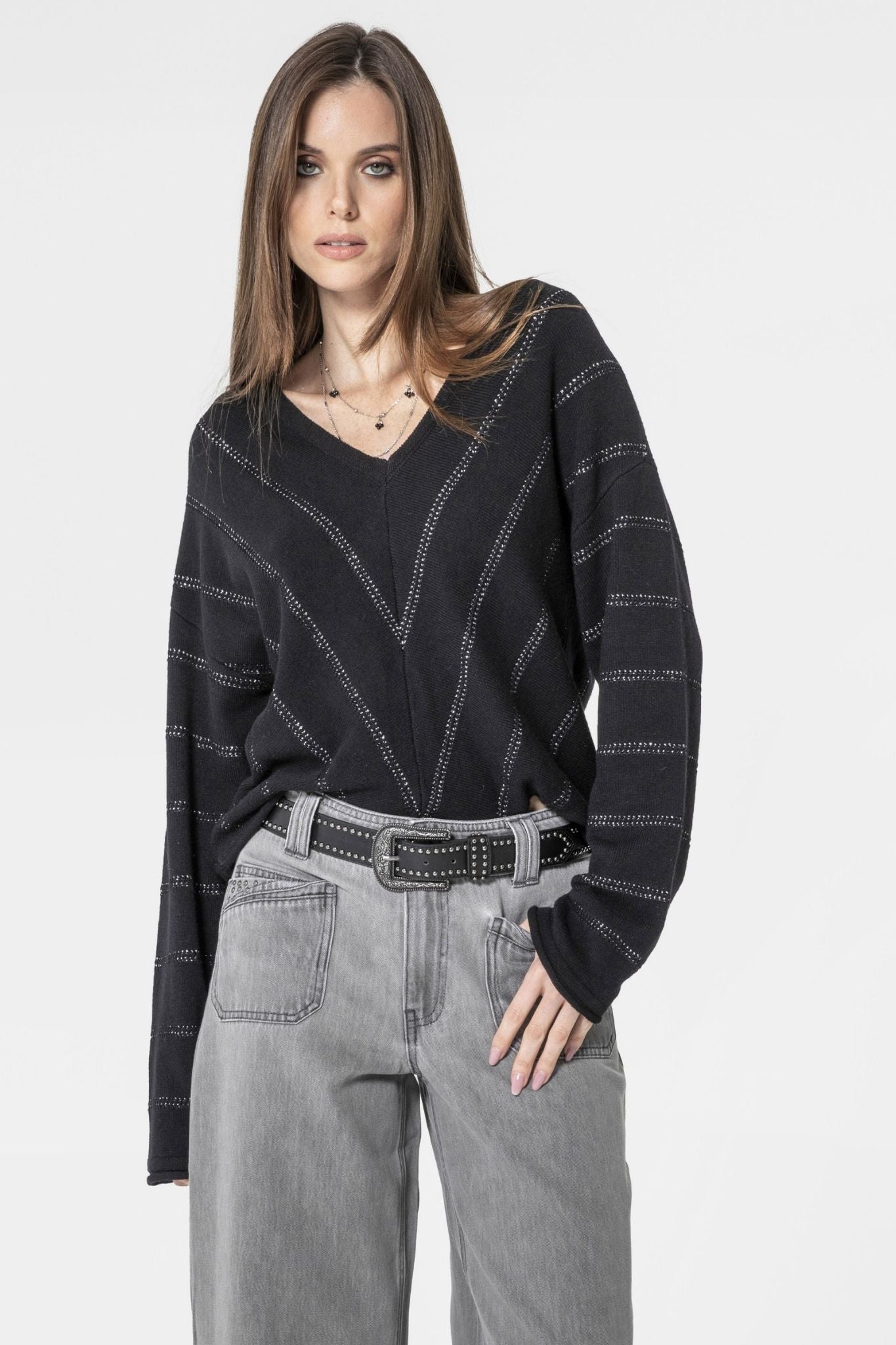 Pull noir à rayures lurex | Elora